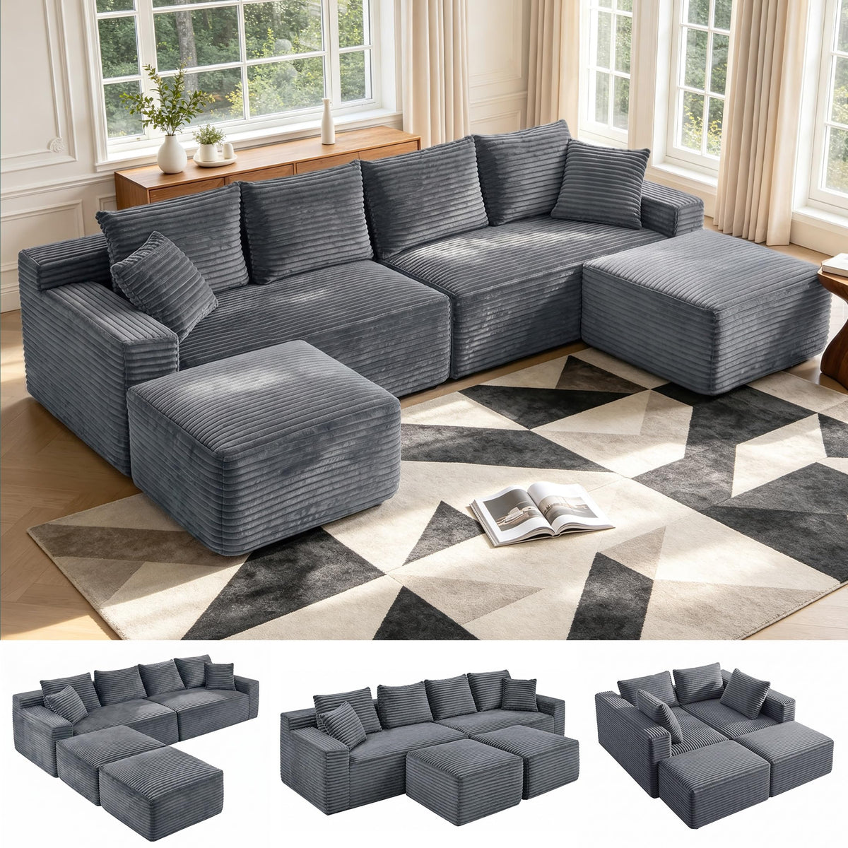 127" U-Shaped Boneless Sofa with Center Console for Living Room, Brown