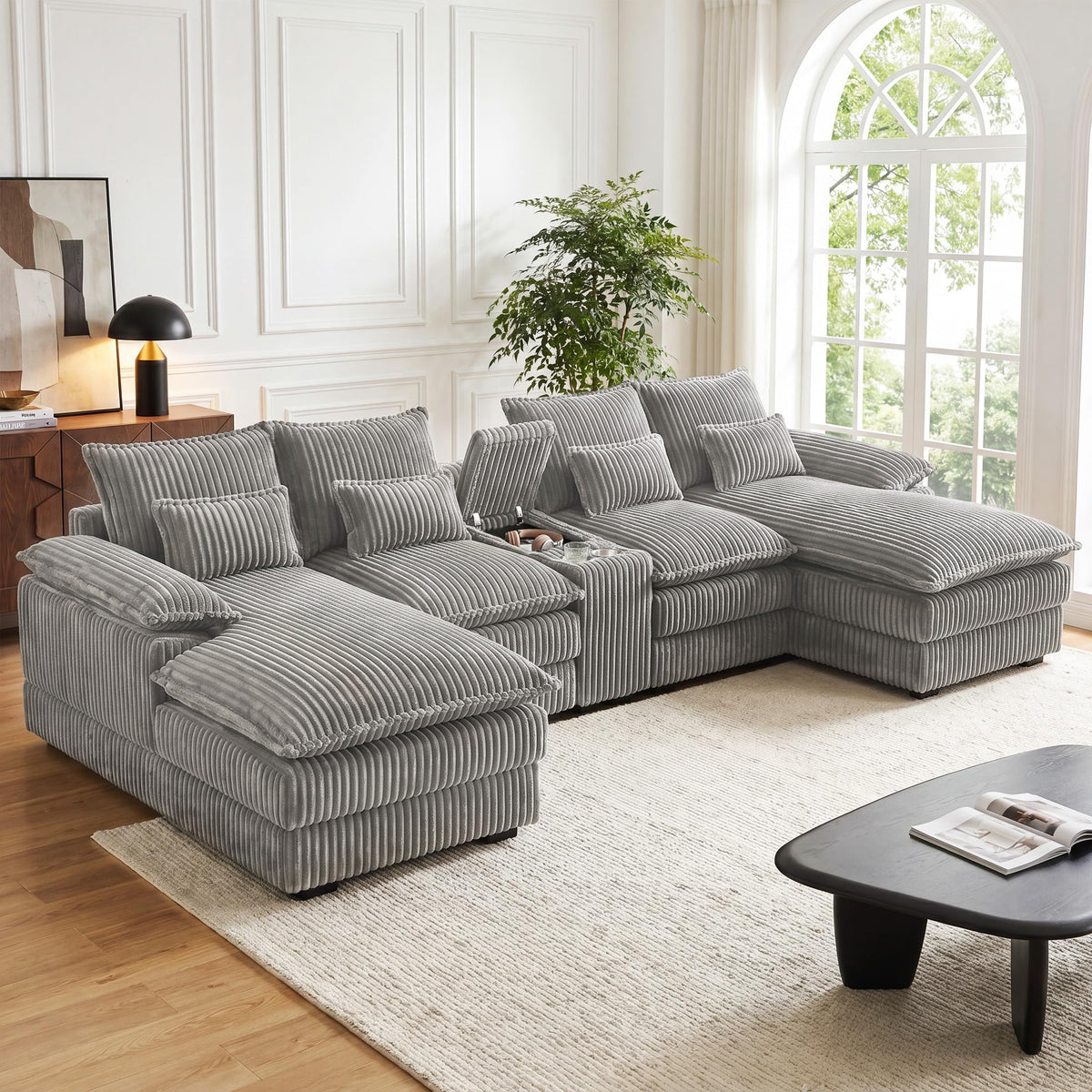 127" U-Shaped Boneless Sofa with Center Console for Living Room, Brown