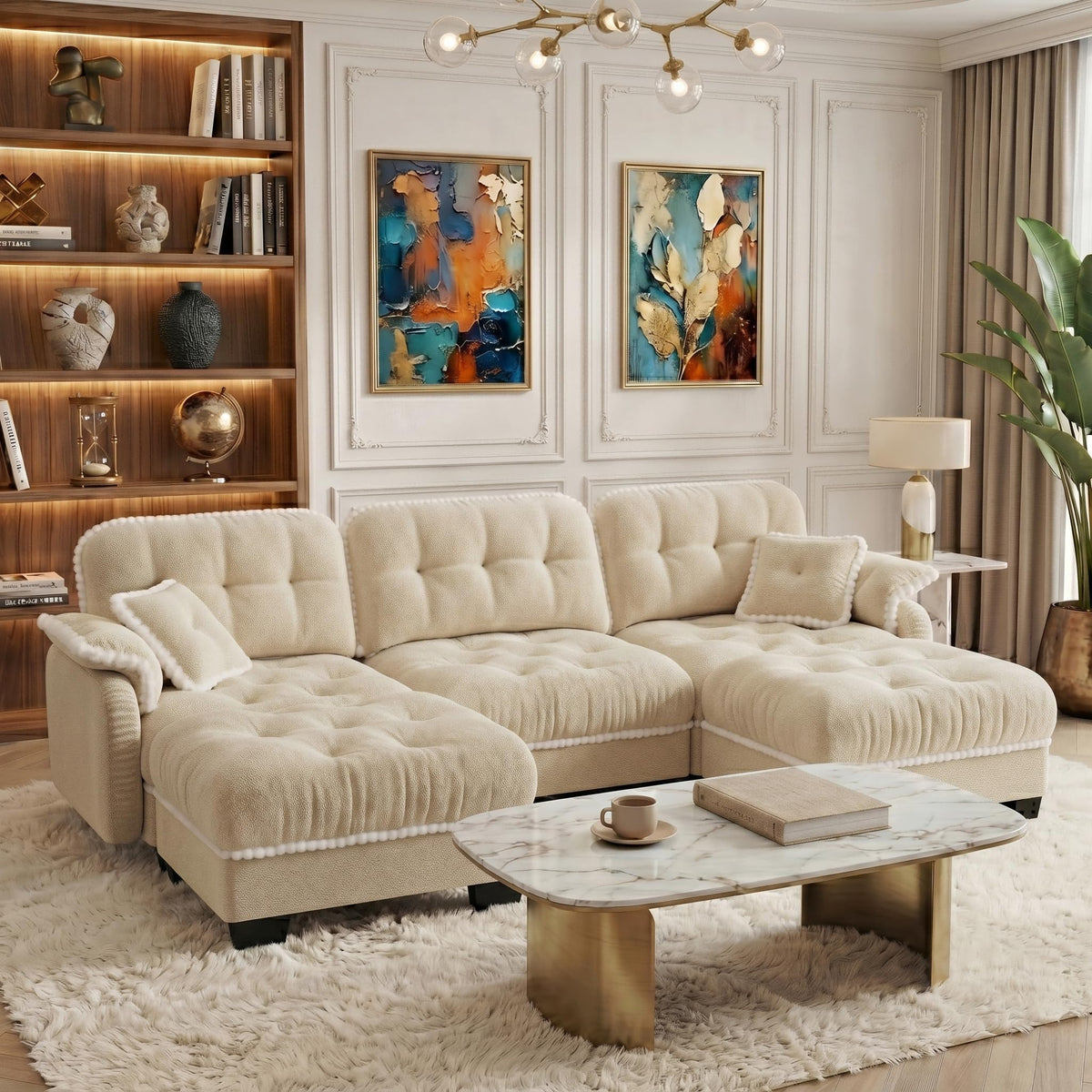 100.7" Chenille Cloud 3-Seater Sofa, Tufted Deep Seat Couch with Pom-Pom Trim & 4 Pillows, Ergonomic Easy Assembly Modular Sofa for Living Room & Apartment（Green ）