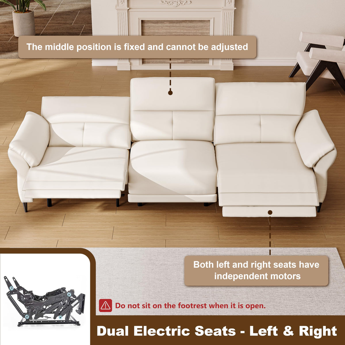 107.1''W Oversized Beige Leather Power Reclining Sofa Couch with Dual Motor