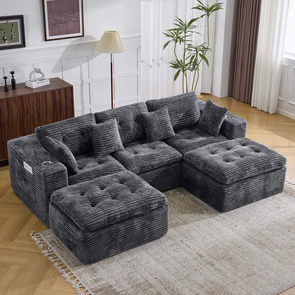 108.08" Boneless Sectional Couch, Modern U Shaped Modular Sectional Sofa Corduroy Upholstered for Living Room Oversized Deep Seat Cloud Couch with 2 Ottoman, No Assembly, Black