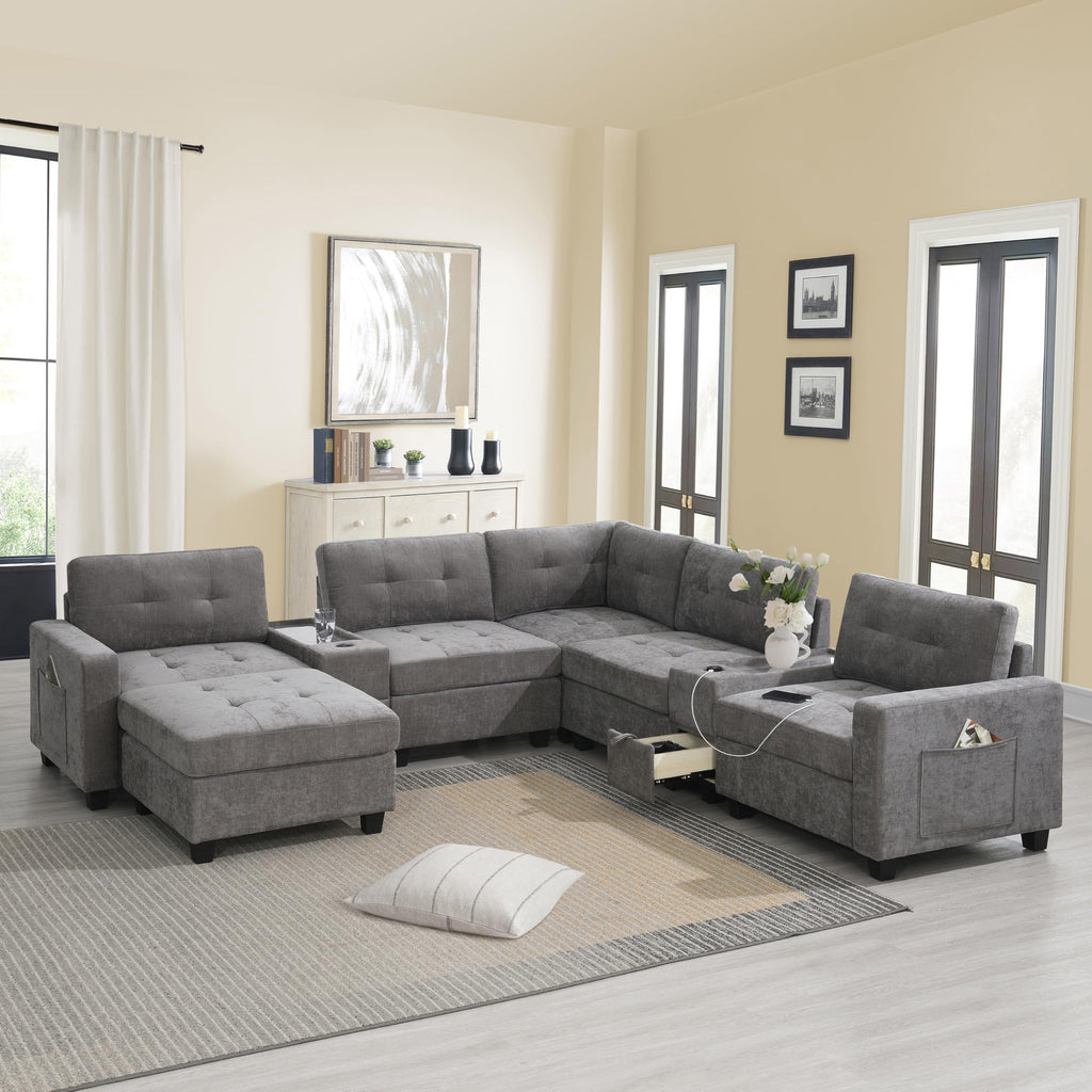 104'' Sectional Sofa with Acrylic Table Top,Chenille U Shaped Couch Set with 2 Consoles,USB Charger,Storage Drawers and Pockets,Movable Ottoman,Tufted Sofa for Living Room,Apartment, Gray