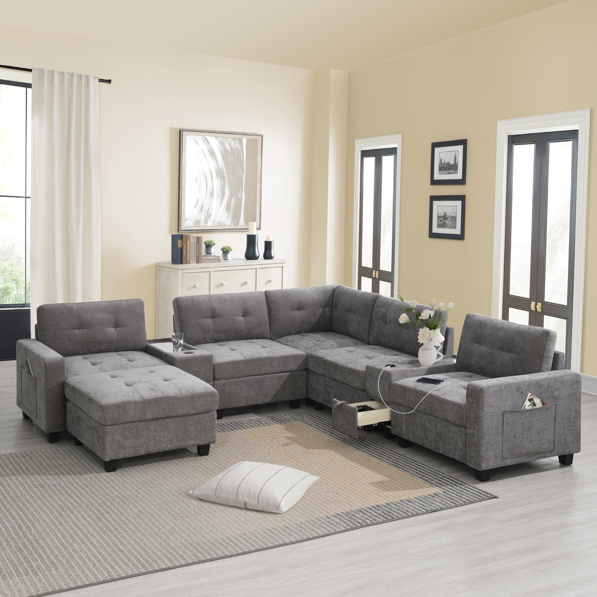 104'' Sectional Sofa with Acrylic Table Top,Chenille U Shaped Couch Set with 2 Consoles,USB Charger,Storage Drawers and Pockets,Movable Ottoman,Tufted Sofa for Living Room,Apartment, Gray
