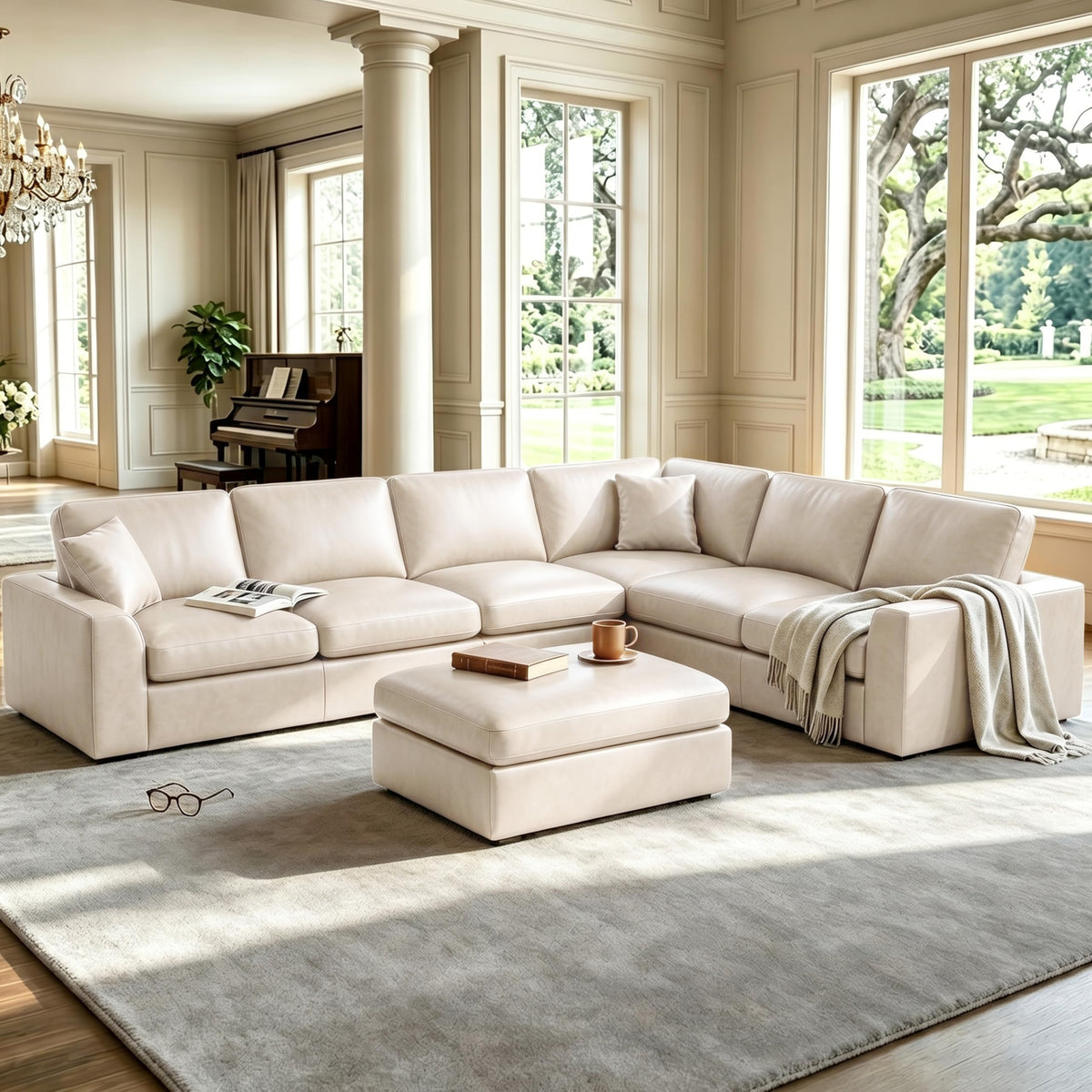 129.3" Oversized Modular Sectional Couch, Cloud U Shaped Couch with Movable Ottoman, Comfy Large 7 Seat Corner Couches for Living Room, Apartment, Beige