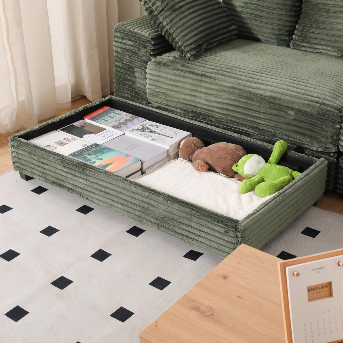 108.6" Sectional Sofa, Thickened Corduroy Sectional Couches for Living Room,Comfortable L Shaped Chaise Sectional Sofa with Storage Ottoman,Eight Throw Pillows,Green