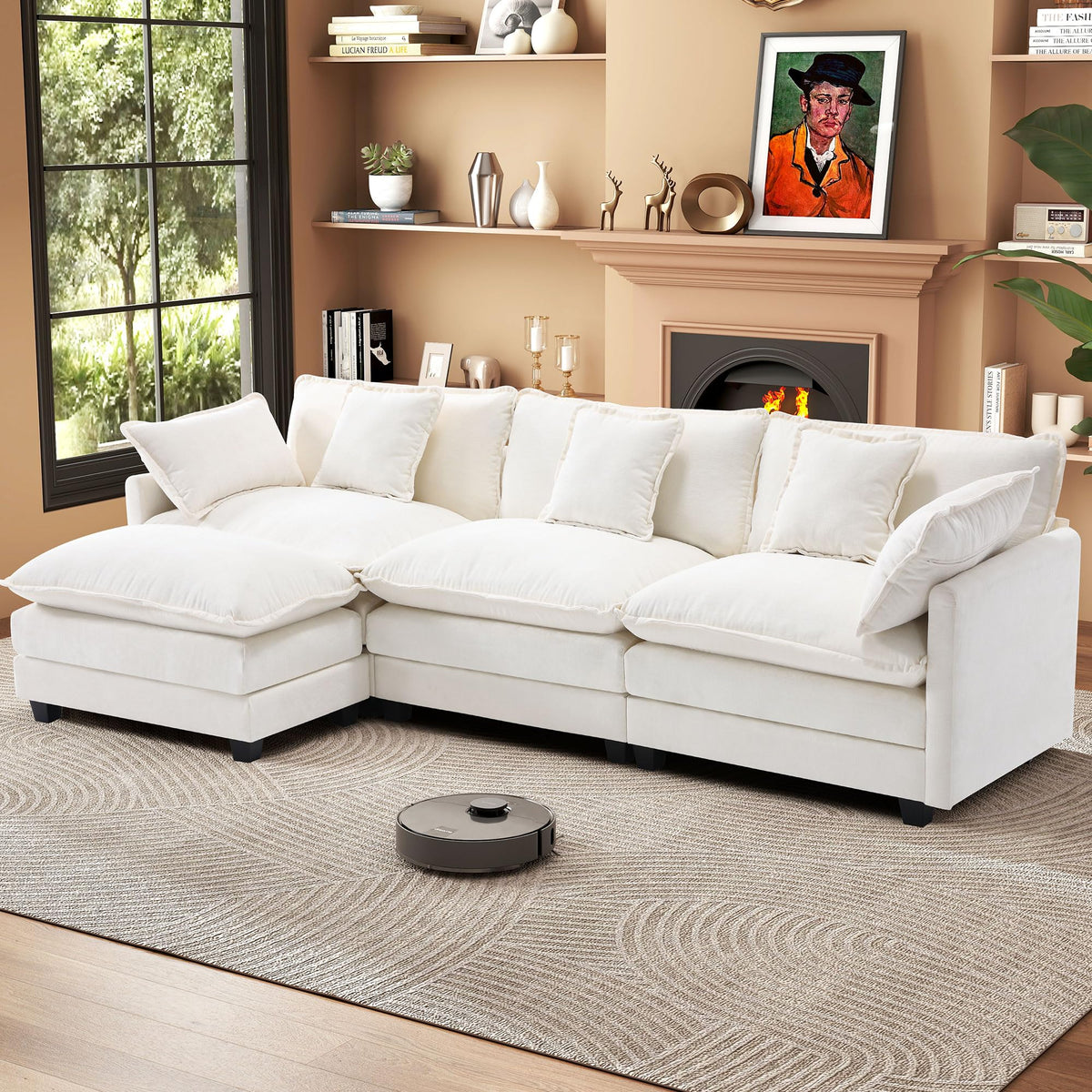 Urhanherry 111.4” L Shape Cloud Couch, Modular Sectional Sofa with Movable Ottoman, 3-Seater Chenille Couches Deep Seat with Throw Pillows for Living Room Apartment （Grey）