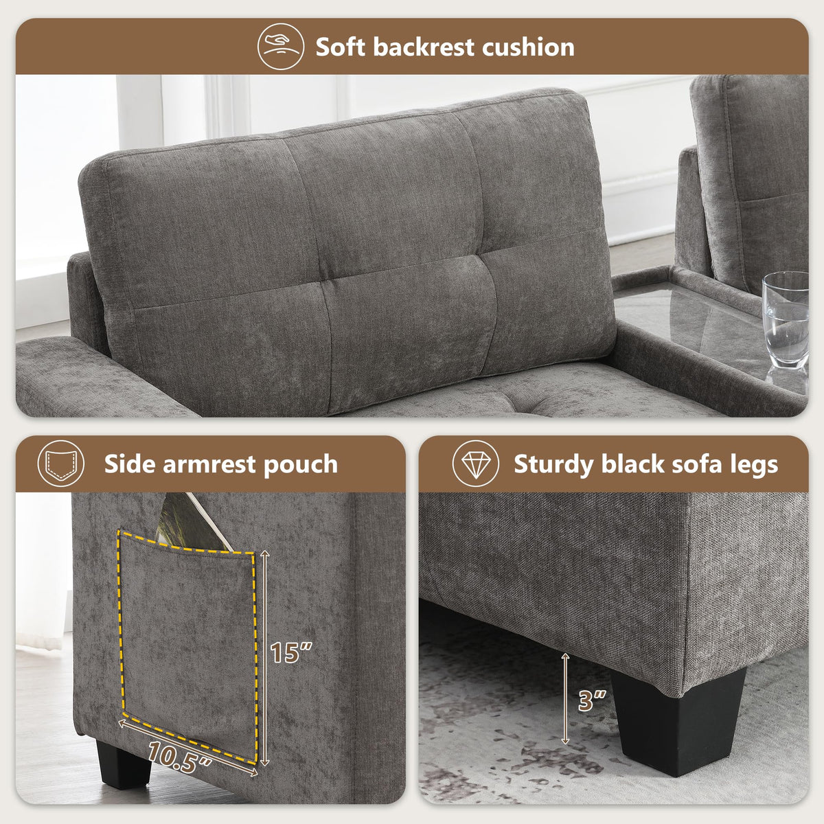 104'' Sectional Sofa with Acrylic Table Top,Chenille U Shaped Couch Set with 2 Consoles,USB Charger,Storage Drawers and Pockets,Movable Ottoman,Tufted Sofa for Living Room,Apartment, Gray