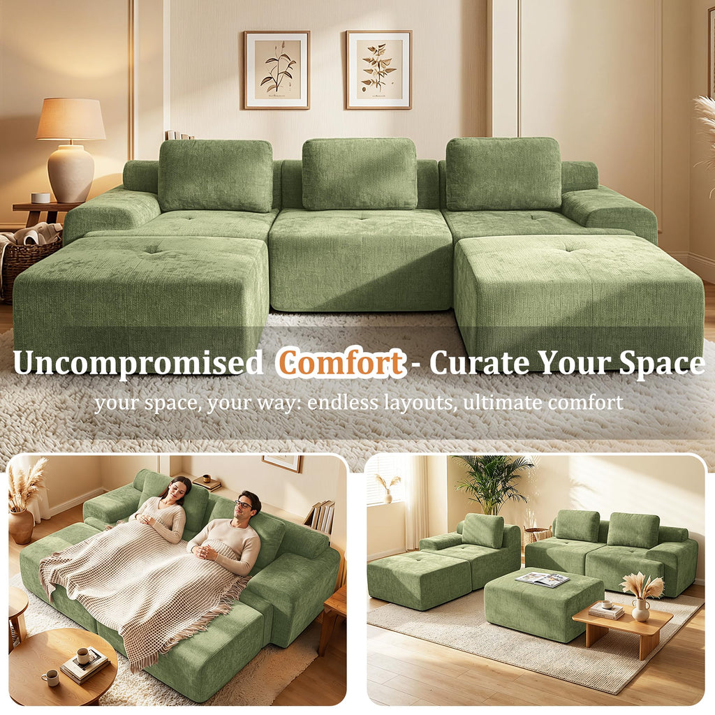 122" L-Shaped Modular Sectional Sofa, Oversized Boneless Cloud Couch for Living Room with Extra Deep Seat & High Back, Tool-Free No Assembly, Soft Chenille (Olive Green, 122 inch-L Shaped（3+1）)