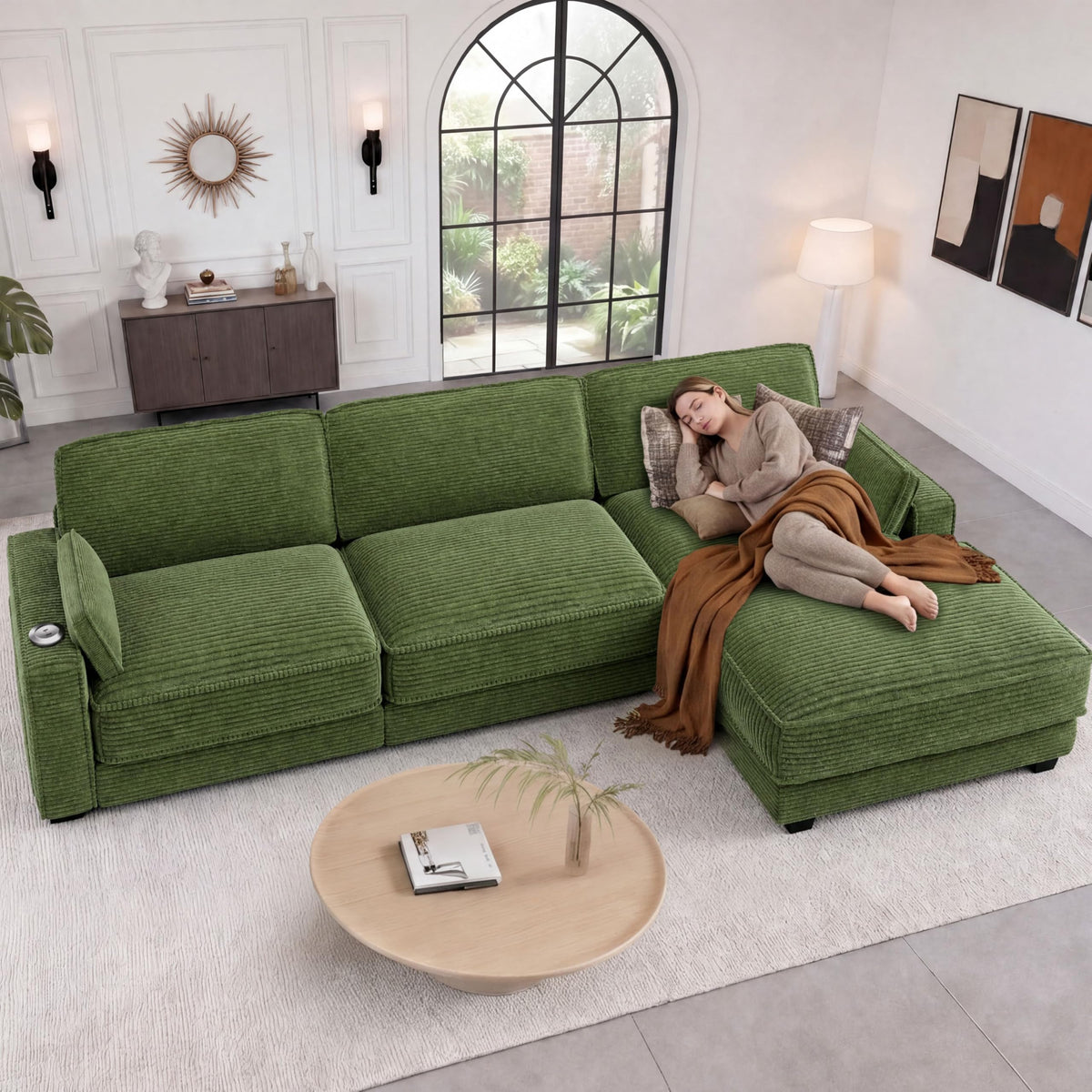 Vipbear 120" Modular Sectional L Shaped Sofa Couches for Living Room,3 Seat with 1 Movable Ottoman,Comfy Corduroy Sofa with USB Port,Side Pocket,Pillow,Green