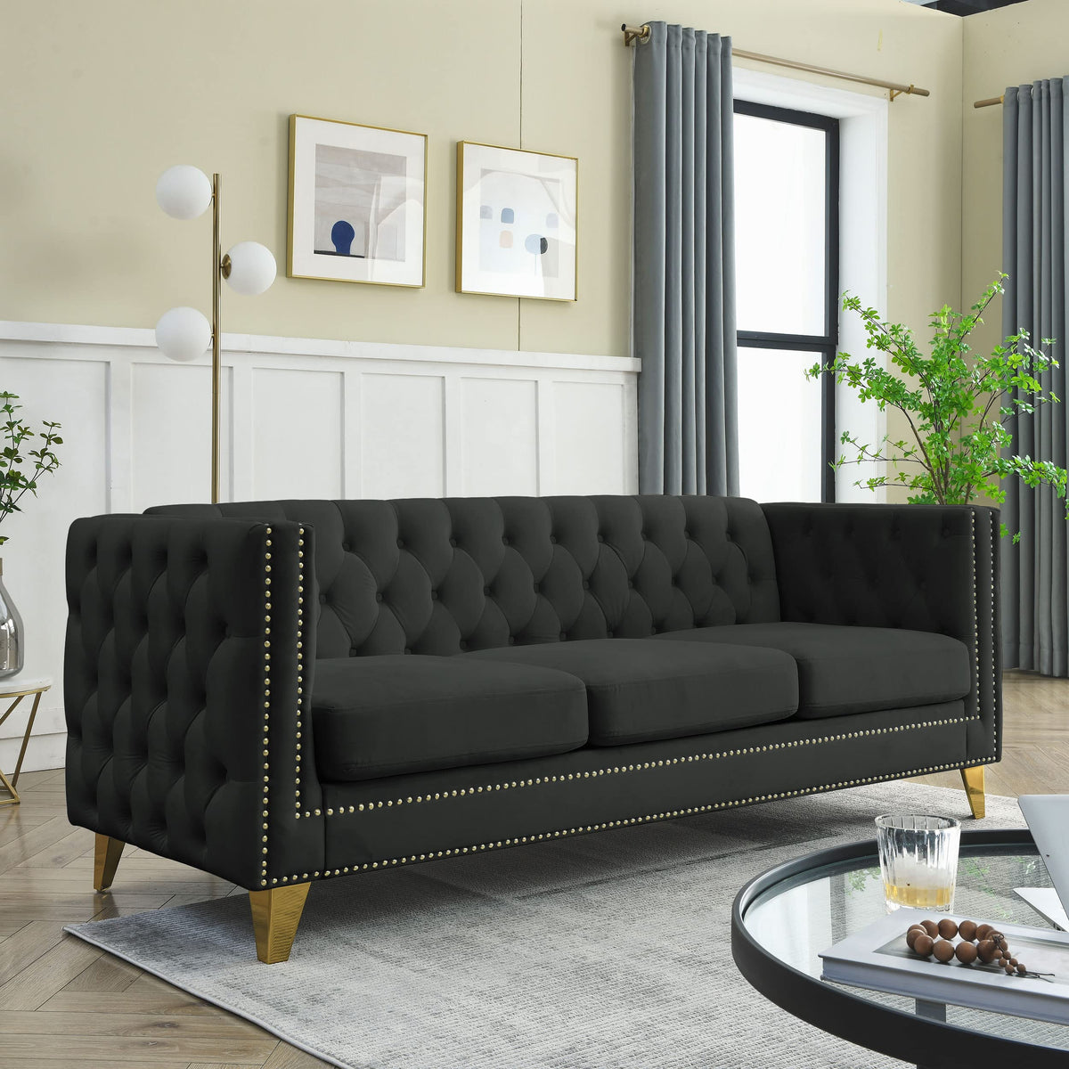 Velvet Sofa with Buttons Tufted Design, Square Arm Couch, Modern Upholstered Sofa for Living Room, Black Velvet
