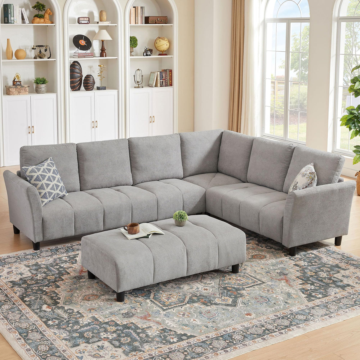 103" Convertible Sectional Sofa with Long Bench, Modern L-Shaped Couch with Back Cushions, Upholstered Fabric 6 Seat Sofa Couches for Living Room, Apartment, Office, Light Grey