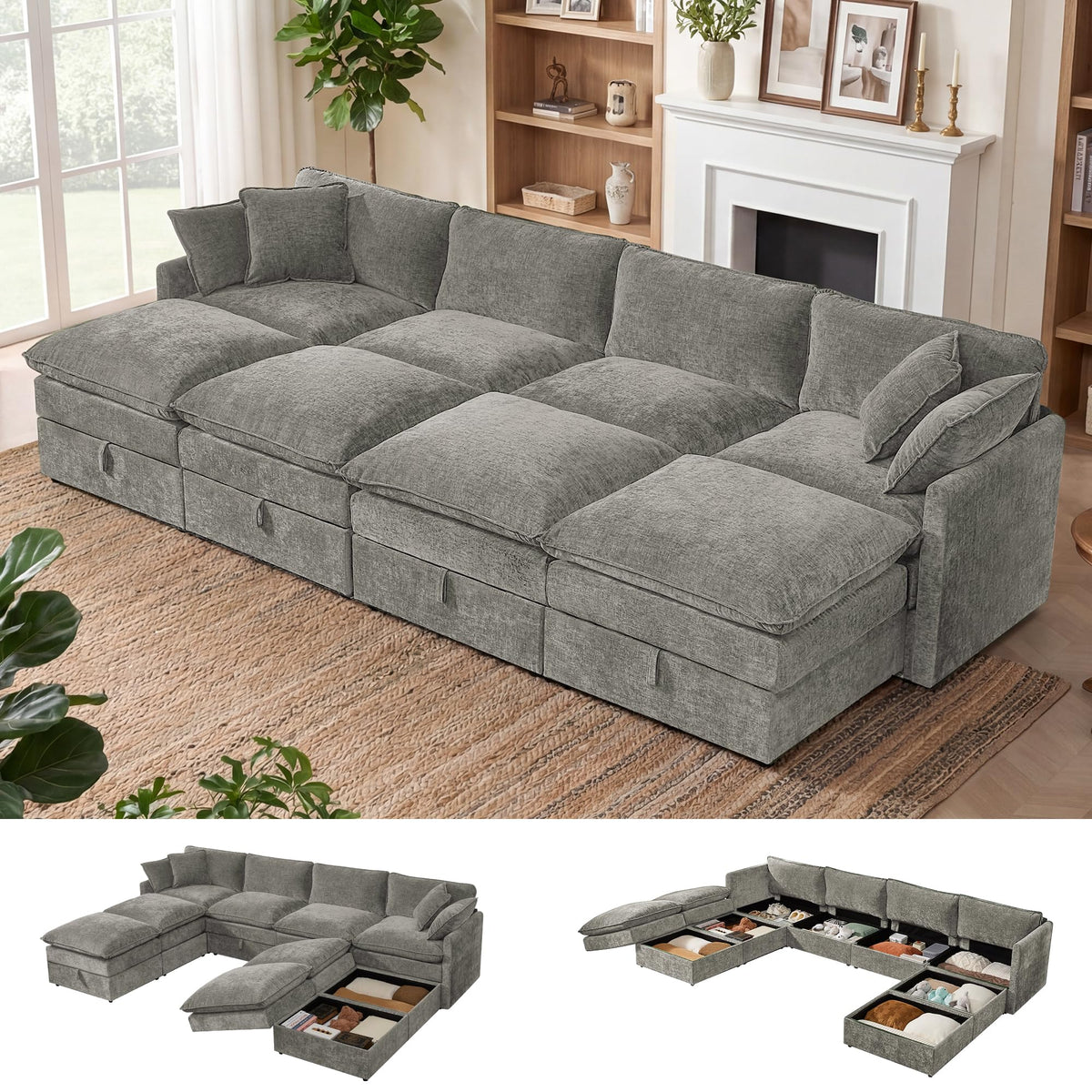 WorthFurni Modular Sectional Sofa Bed with Storage Ottomans,135" Cloud Couch,6-Seater Comfy Modern Couches with Pillows & Upholstered Deep Seat Cushion for Apartment Living Room Bedroom（Gray）