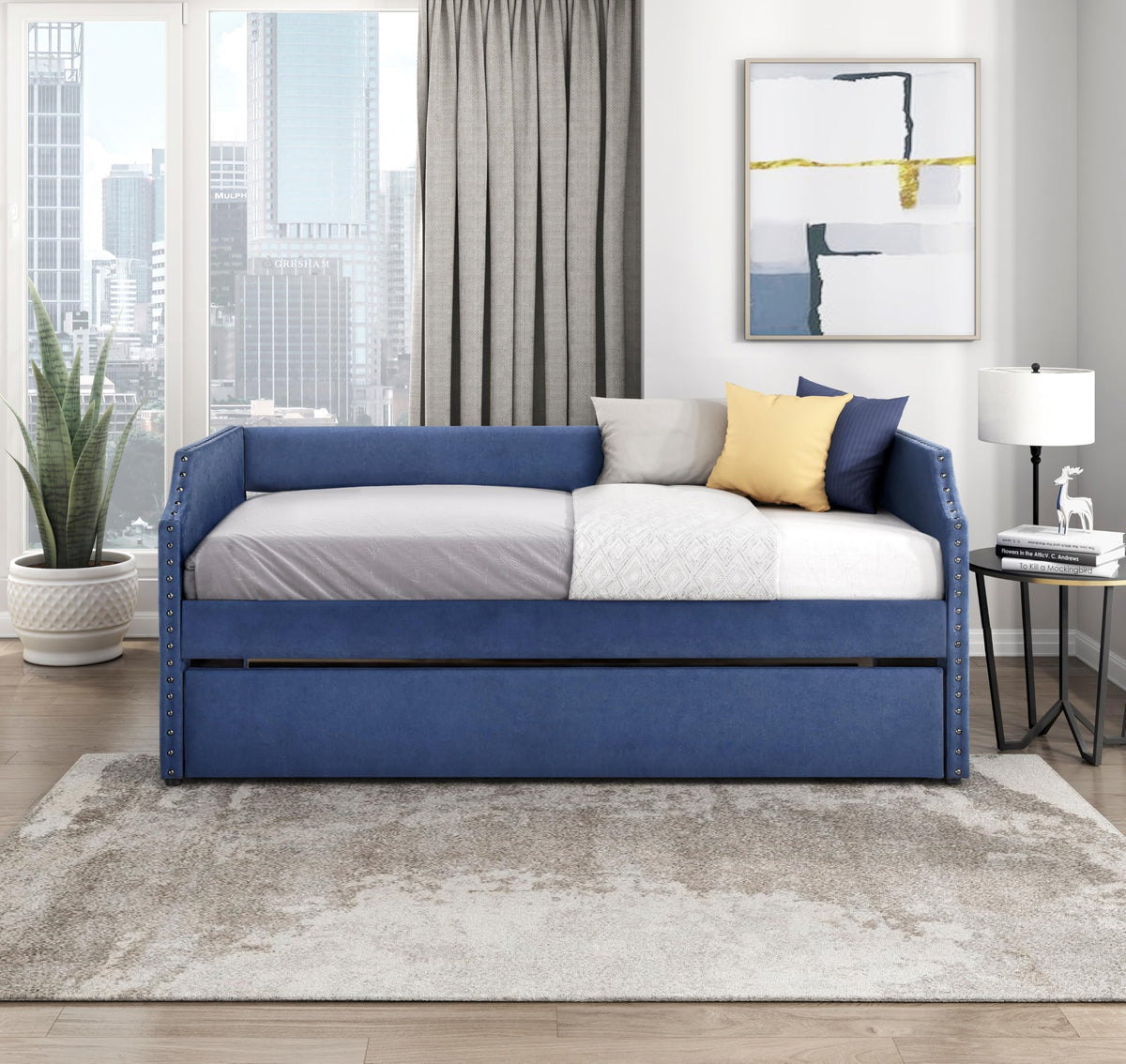 Versatile Daybed with Pull-Out Trundle, Textured Fabric Upholstery