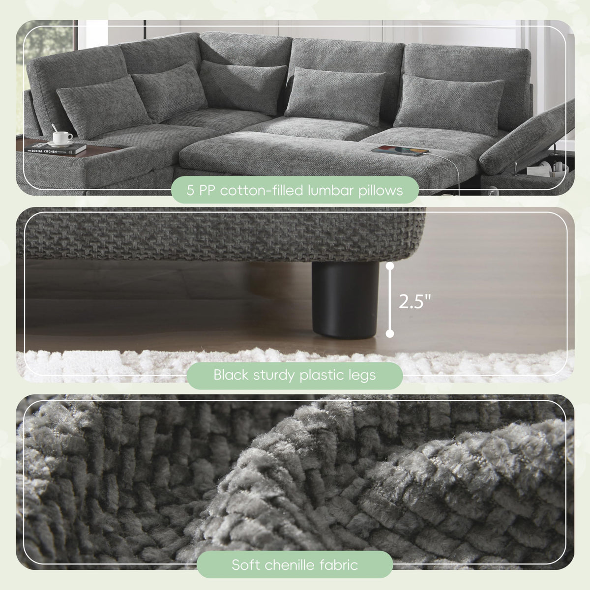 107'' Sectional Sleeper Sofa Bed with Pull Out Couch, Chenille L-Shaped Sofa with Adjustable Armrest, USB&Type-C Charging, Storage Ottoman, Free Combination for Living Room/Apartment, Gray