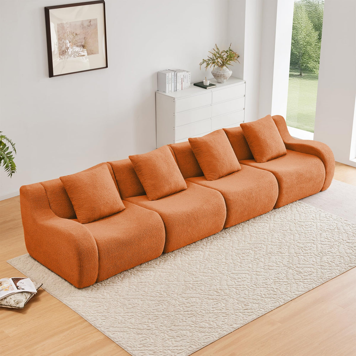 Tidyard 4-Seat Boneless Sofa in Orange, Teddy Fabric, No Assembly Needed, Curved Armrests, Anti-Slip Base, 32D High-Density Sponge, for Living Room or Study