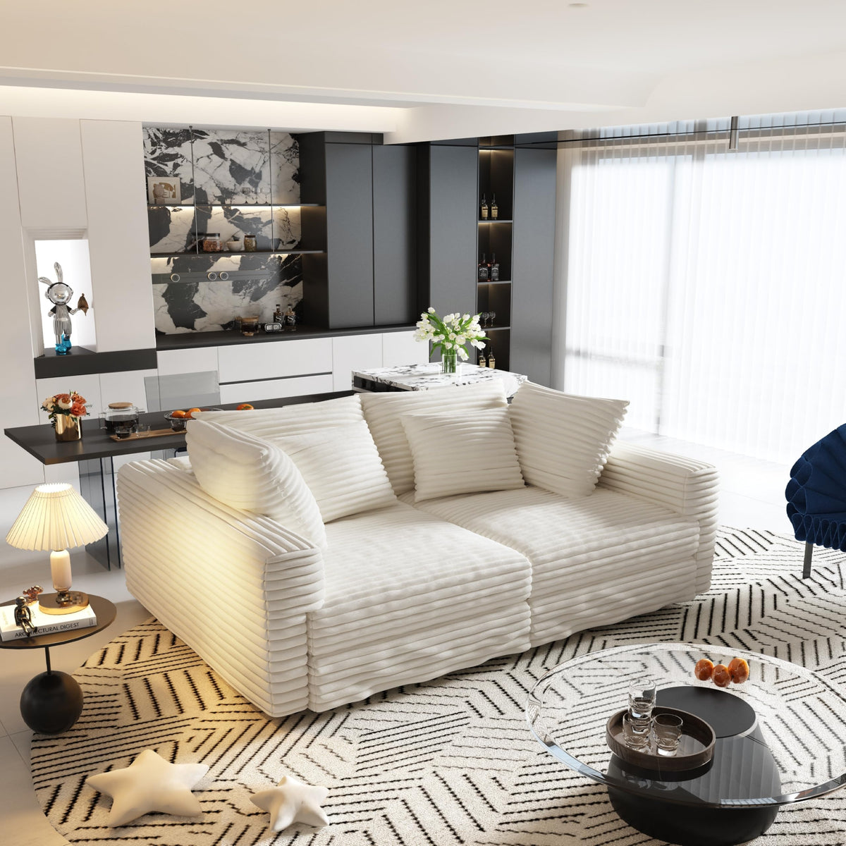 102.4 "Plush Corduroy 4 Seat Sofa,Comfy Upholstered Sofa Cloud Couch,Deep Seat Couches with Soft Pillows and 3 Ottomans,Convertible Sofa Lounge Chair,for Living Room,Apartment,Beige,White JB317
