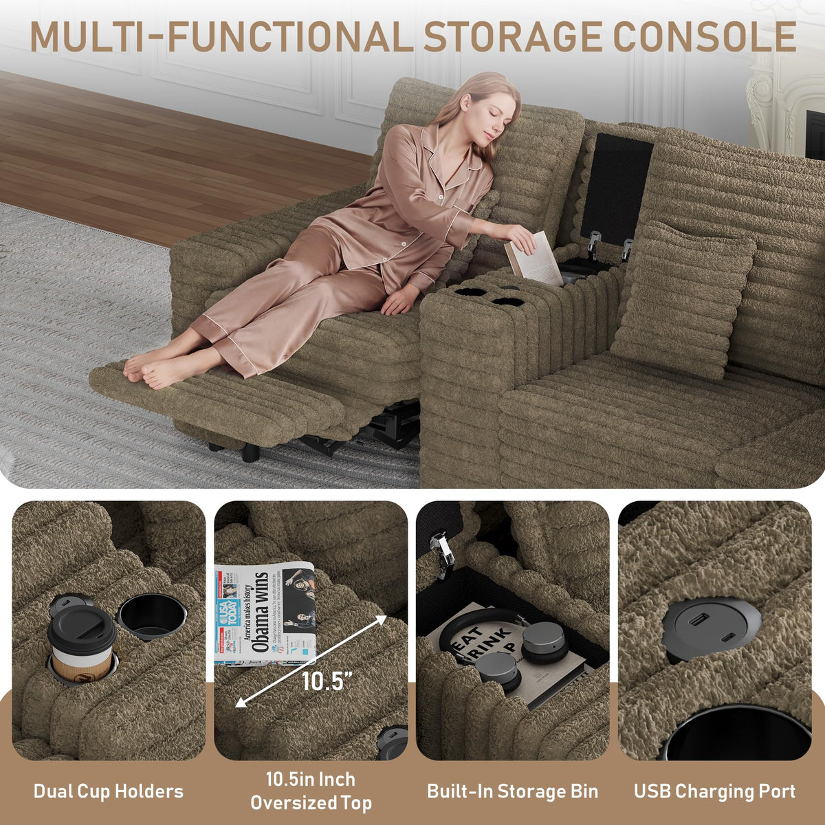 Wrofly 5-Seat L-Shaped Power Reclining Sectional with Console, Camel
