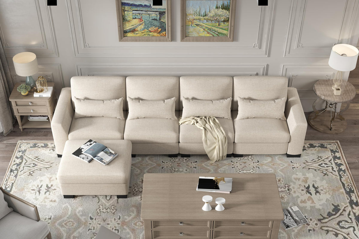 130" Beige Modular L Shaped Sofa with Storage Ottoman Spring Pack Cushion, Solid Wood Frame, Combination Design PU889