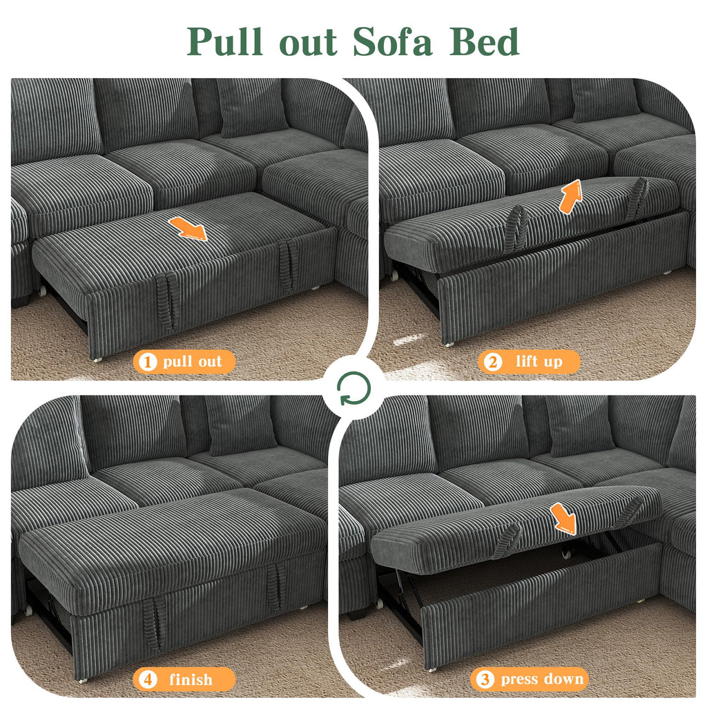 WorthFurni 104" Oversized 6 Seat L Shaped Sectional Sofa, Corduroy Convertible Couch with Pull Out Bed, Movable Storage Ottoman, USB Port, 2 Pillows & Storage Pocket for Living Room（Gray）
