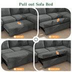WorthFurni 104" Oversized 6 Seat L Shaped Sectional Sofa, Corduroy Convertible Couch with Pull Out Bed, Movable Storage Ottoman, USB Port, 2 Pillows & Storage Pocket for Living Room（Gray）