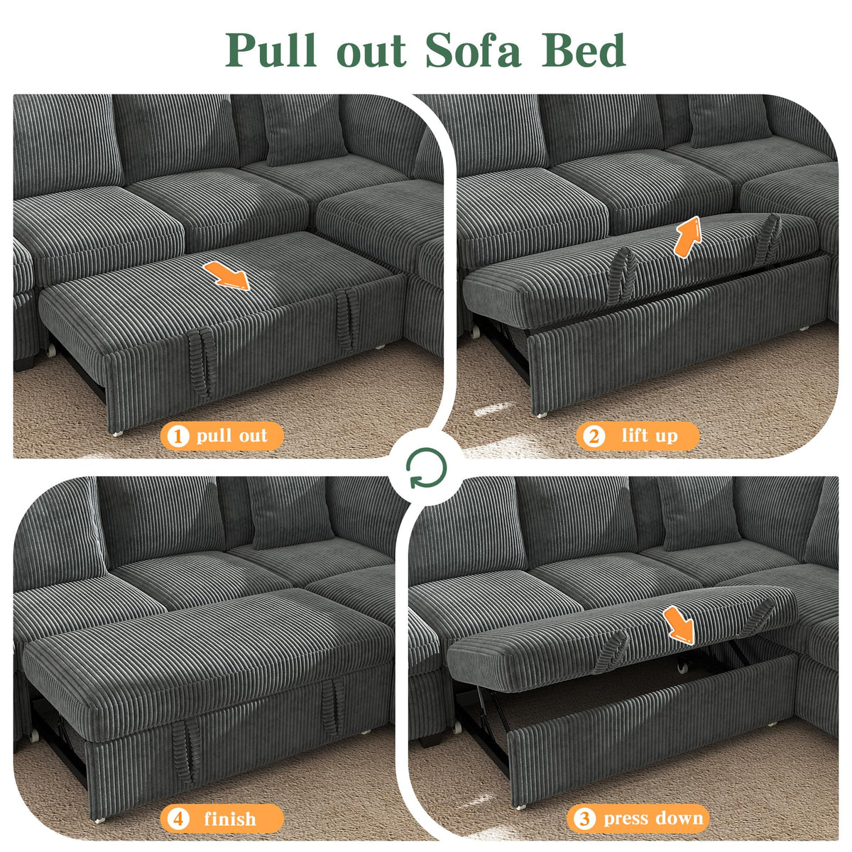 WorthFurni 104" Oversized 6 Seat L Shaped Sectional Sofa, Corduroy Convertible Couch with Pull Out Bed, Movable Storage Ottoman, USB Port, 2 Pillows & Storage Pocket for Living Room（Gray）