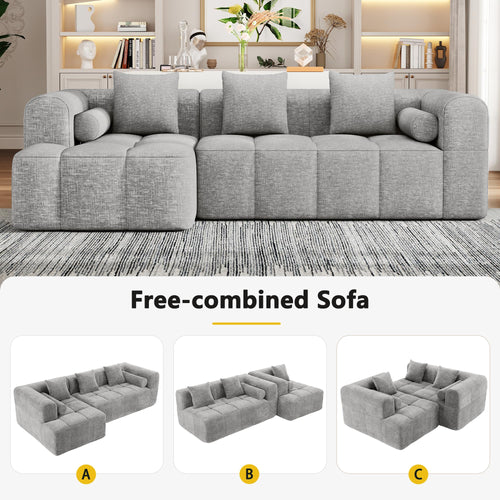 101.2" L-Shaped Sectional Sofa | Chaise Deep Seat | Chenille 3-Seater Sofa with Pillows & 2 Side Pockets| Light Grey Living Room Furniture| Modular Compressed Couch