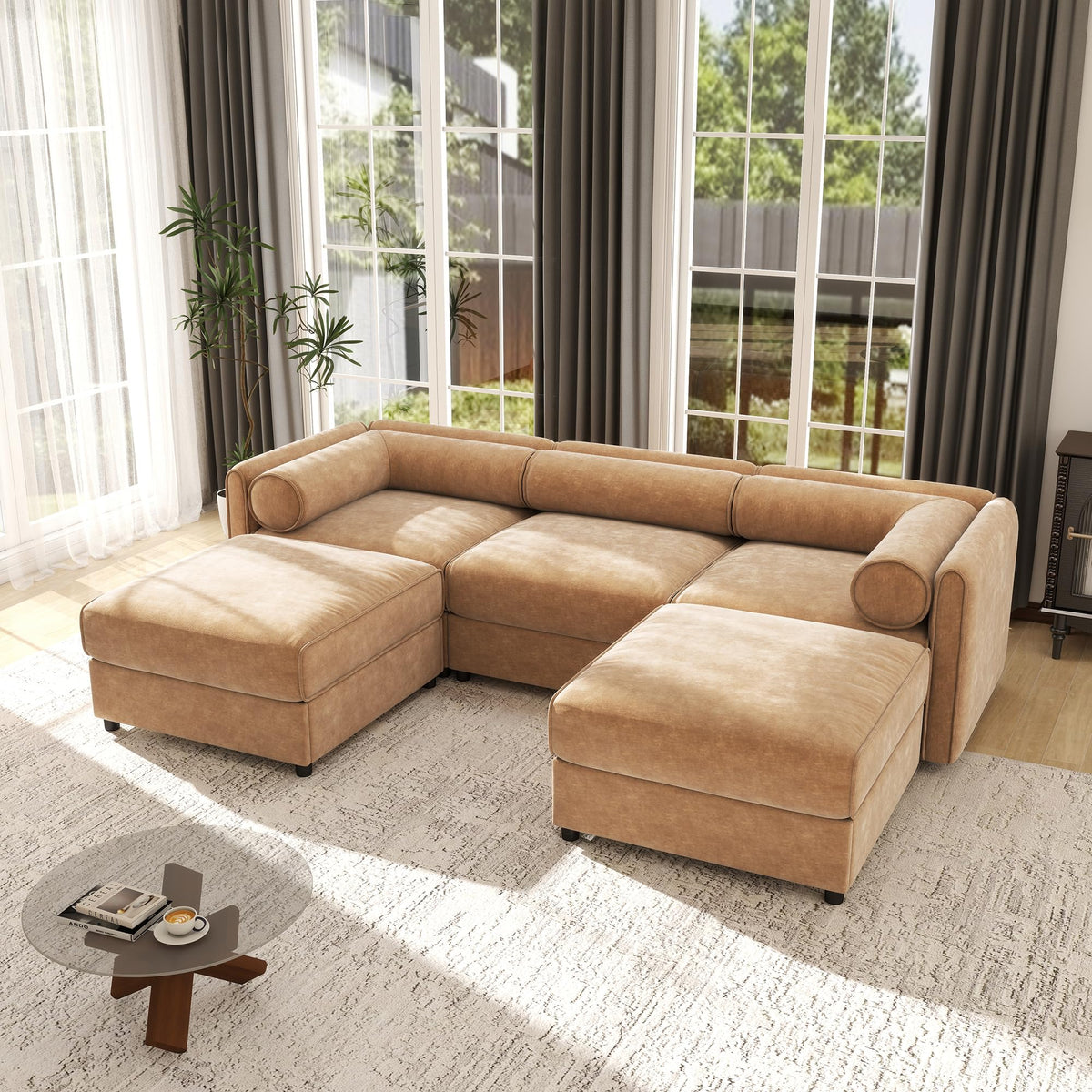109'' Modular Sectional Sofa, Oversized 4 Seat L Shaped Couch with Storage Ottoman, Extra Deep Seat, Modern Comfy Convertible Chenille Sofa with Chaise, Lounge Couches for Living Room, Camel