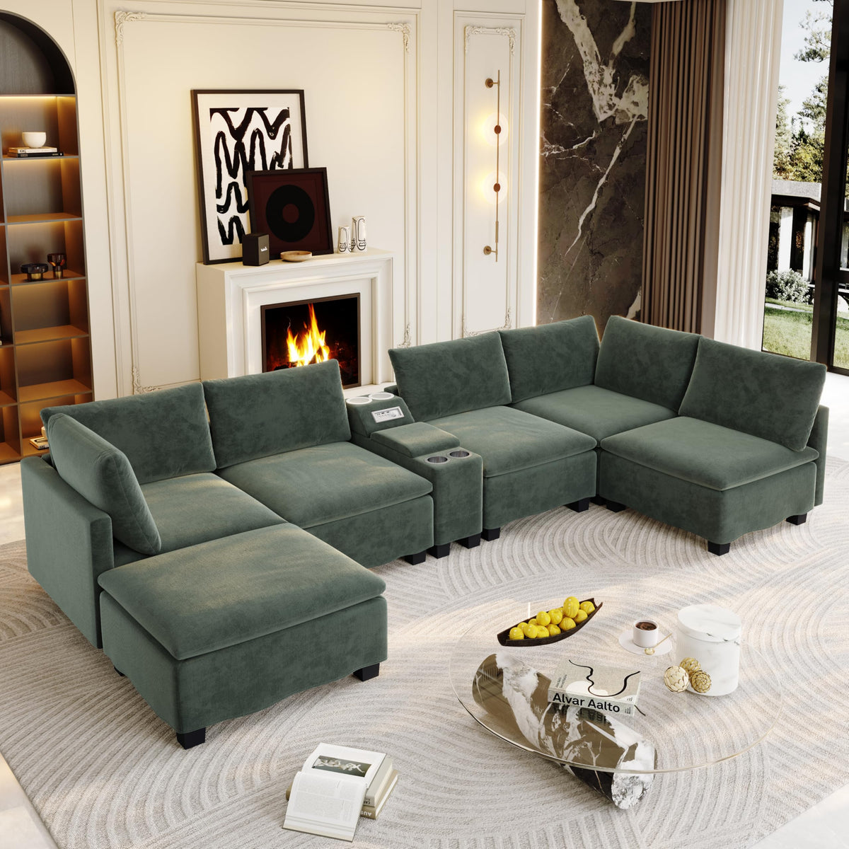 121.2" Oversized Sectional Couches U-Shaped Modular Sofa Bed,Green