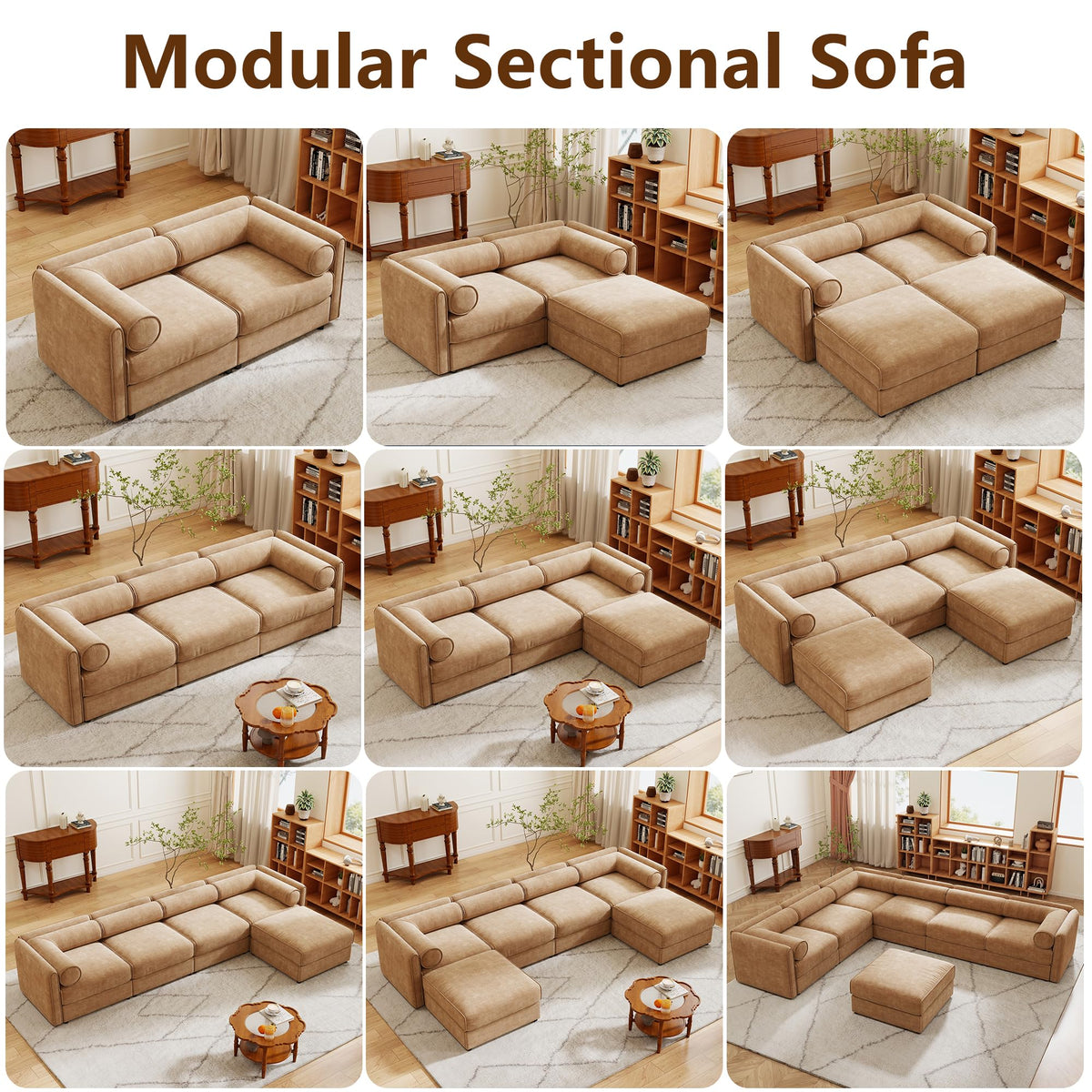 109'' Modular Sectional Sofa, Oversized 4 Seat L Shaped Couch with Storage Ottoman, Extra Deep Seat, Modern Comfy Convertible Chenille Sofa with Chaise, Lounge Couches for Living Room, Camel