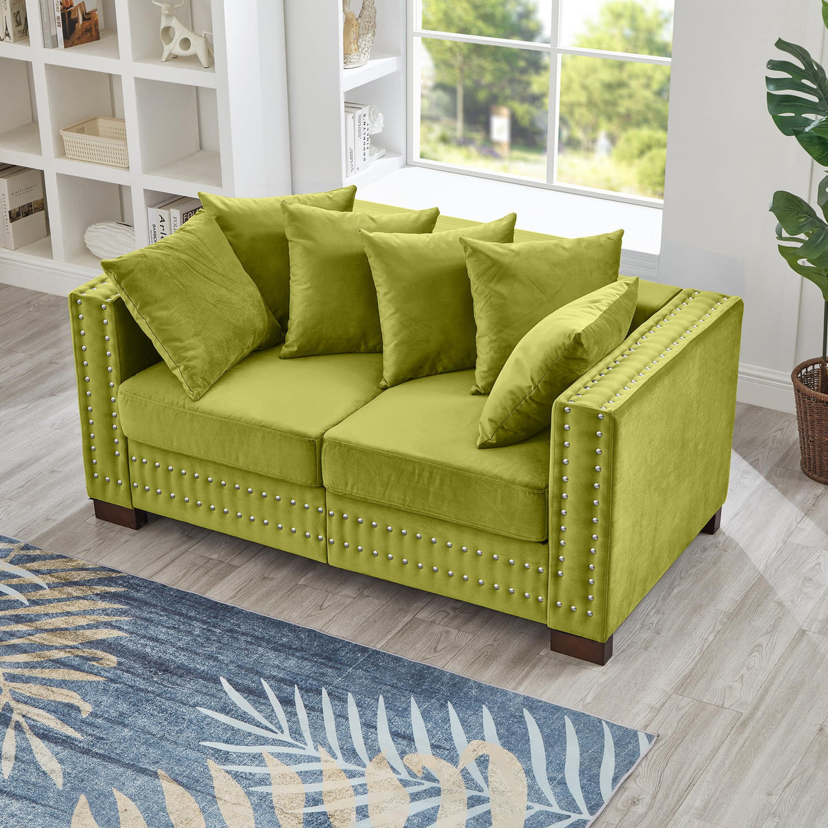 Tidyard Modern Design Velvet Loveseat Sofa with Square Arms, Silver Nail Decor, Storage, Removable Cover, Green