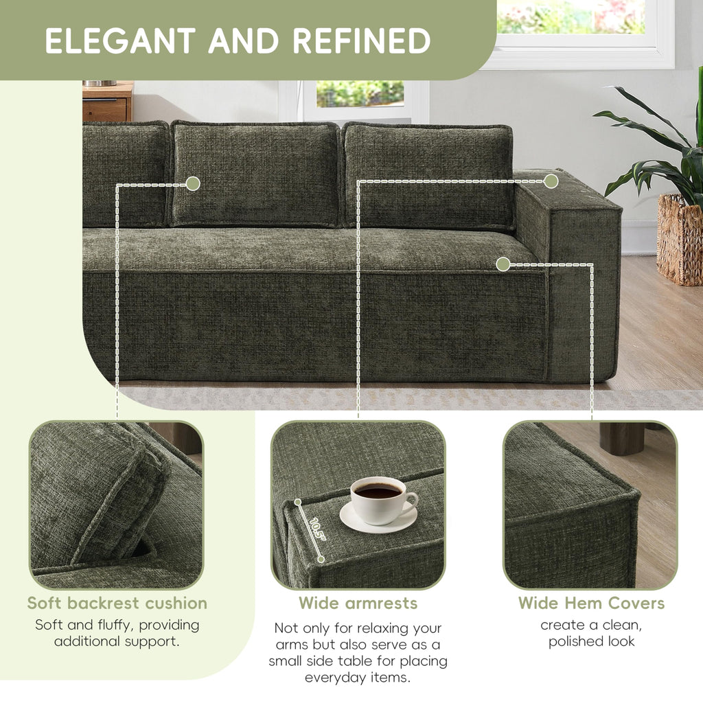 130" Ultra-Thick Chenille Modern Minimalist Style Modular Sectional Couch, Convertible Modular Cloud Sleeper Sofa, Modern Boneless Compressed Floor Sectional Sofa for Living Room, Green