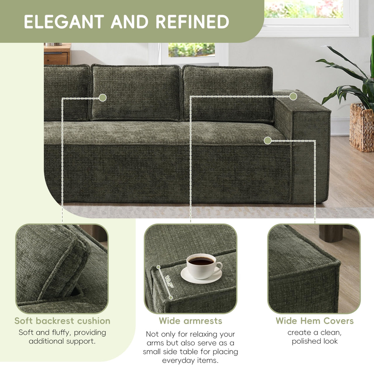 130" Ultra-Thick Chenille Modern Minimalist Style Modular Sectional Couch, Convertible Modular Cloud Sleeper Sofa, Modern Boneless Compressed Floor Sectional Sofa for Living Room, Green