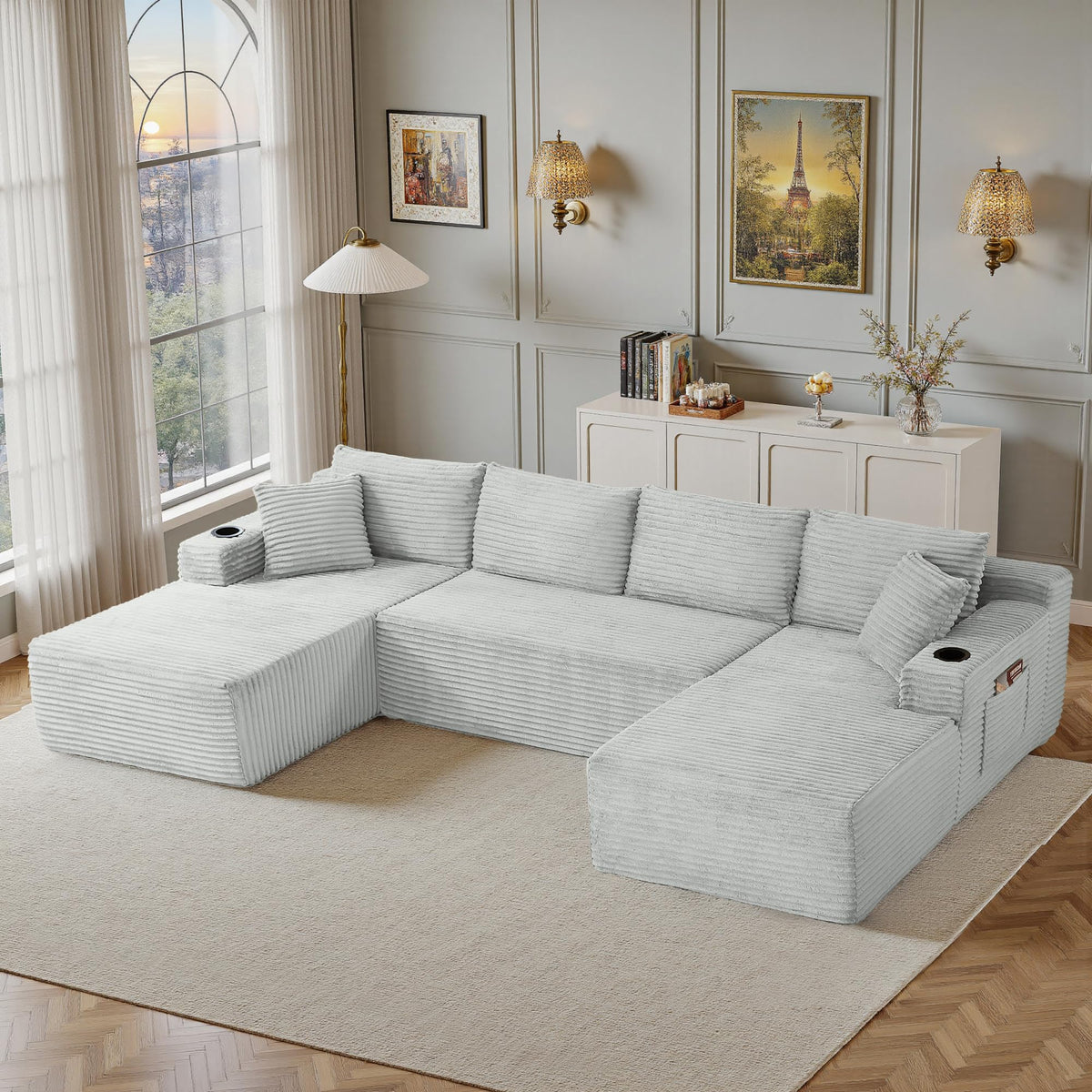 134 Inch Modular Corduroy Sectional Sofa, Oversized U-Shaped Cloud Couch, Boneless 5-Seater Sofa with Storage Pockets & Cup Holders, No Assembly Required