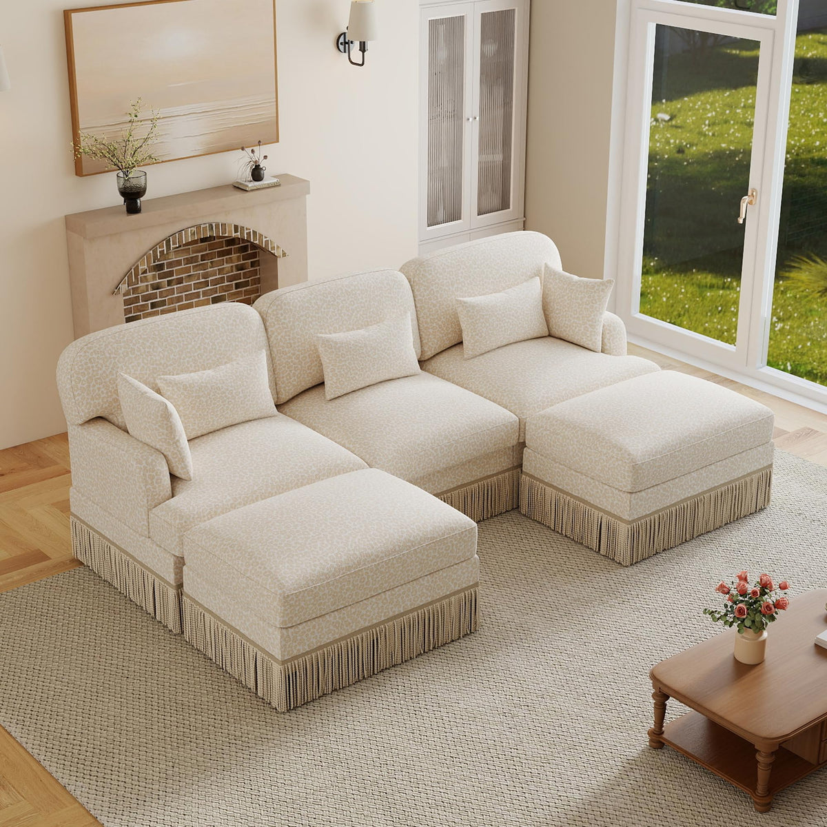 100" Leopard Print Chenille Modular Sectional Sofa with Tassels, L-Shaped Deep Seat Cloud Couch with Ottomans for Living Room, BGE-KHK