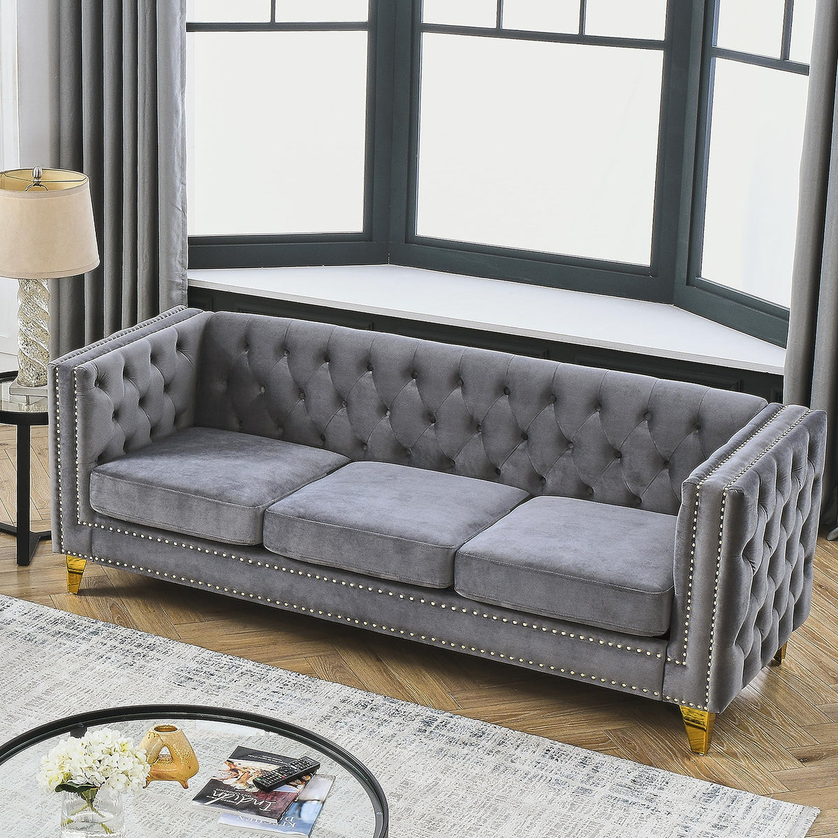 Velvet Sofa with Metal Legs, Modern Tufted Square Arm Couch in Grey, Upholstered Sofa for Living Room and Bedroom Decor