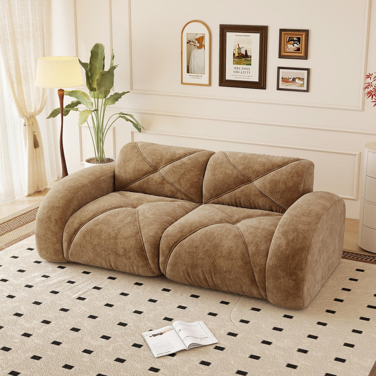 110.6" U Shaped Boneless Couch with Ottoman, Convertible Modular Sectional Cloud Sofa, Deep Seat 5 Seater Velvet Couch, 32D High Density Foam Sofas for Living Room, No Assembly Required, Camel