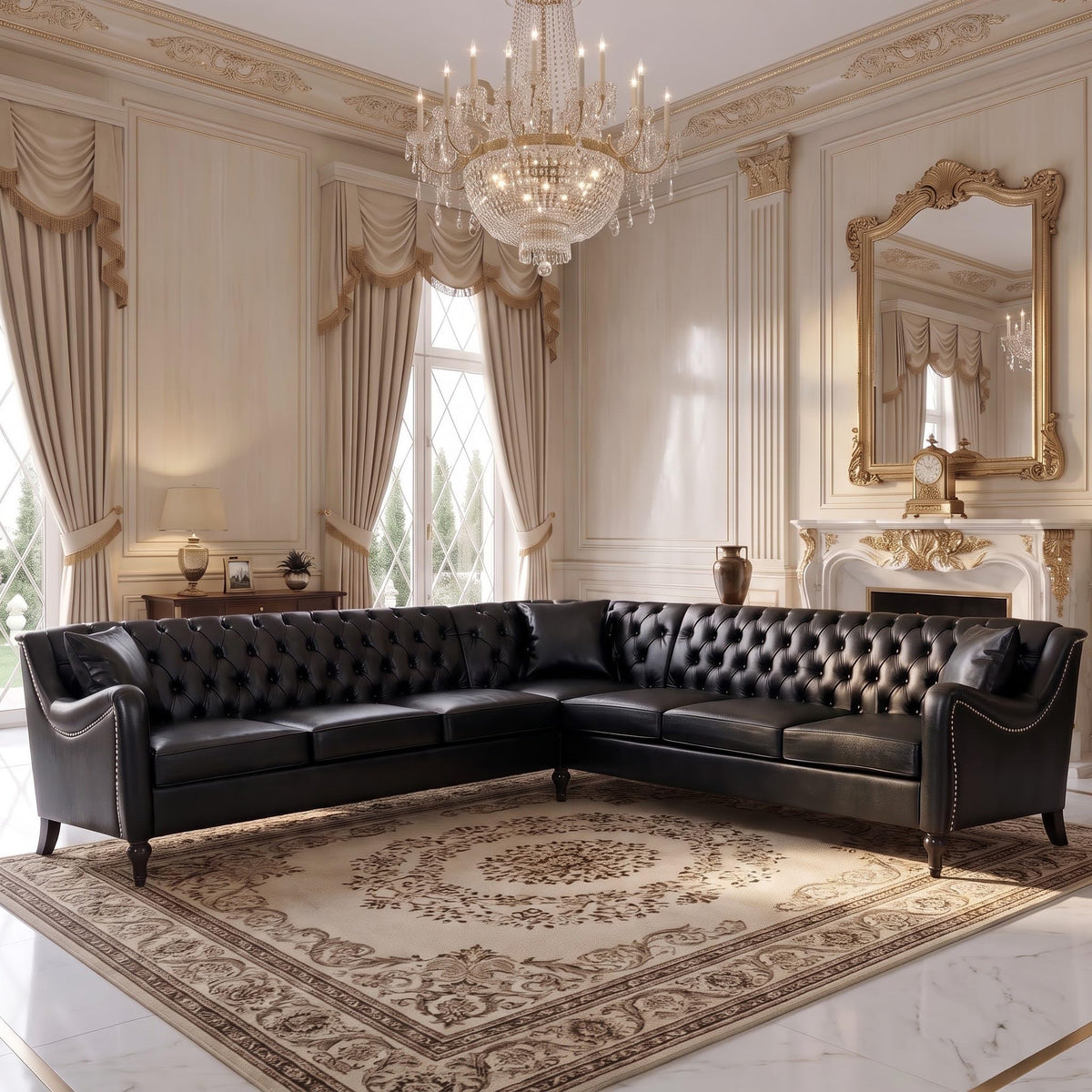 103" Chesterfield Sectional Sofa,Faux Leather Upholstered Couch,Mid-Century Style Oversized 7-Seat Button Tufted Corner Couch with Nailhead Trim,Modern L Shaped Couches for Living Room,Brown