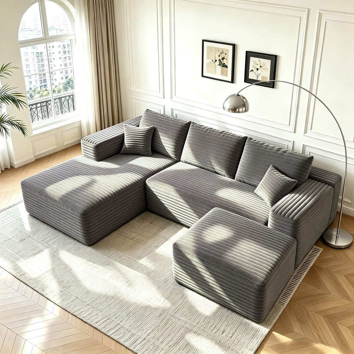 107" U-Shaped Cloud Sectional Couch with Ottoman for Living Room, Boneless Sofa, Compressed Sofa, No Assembly Required, Black Corduroy, Right Chaise