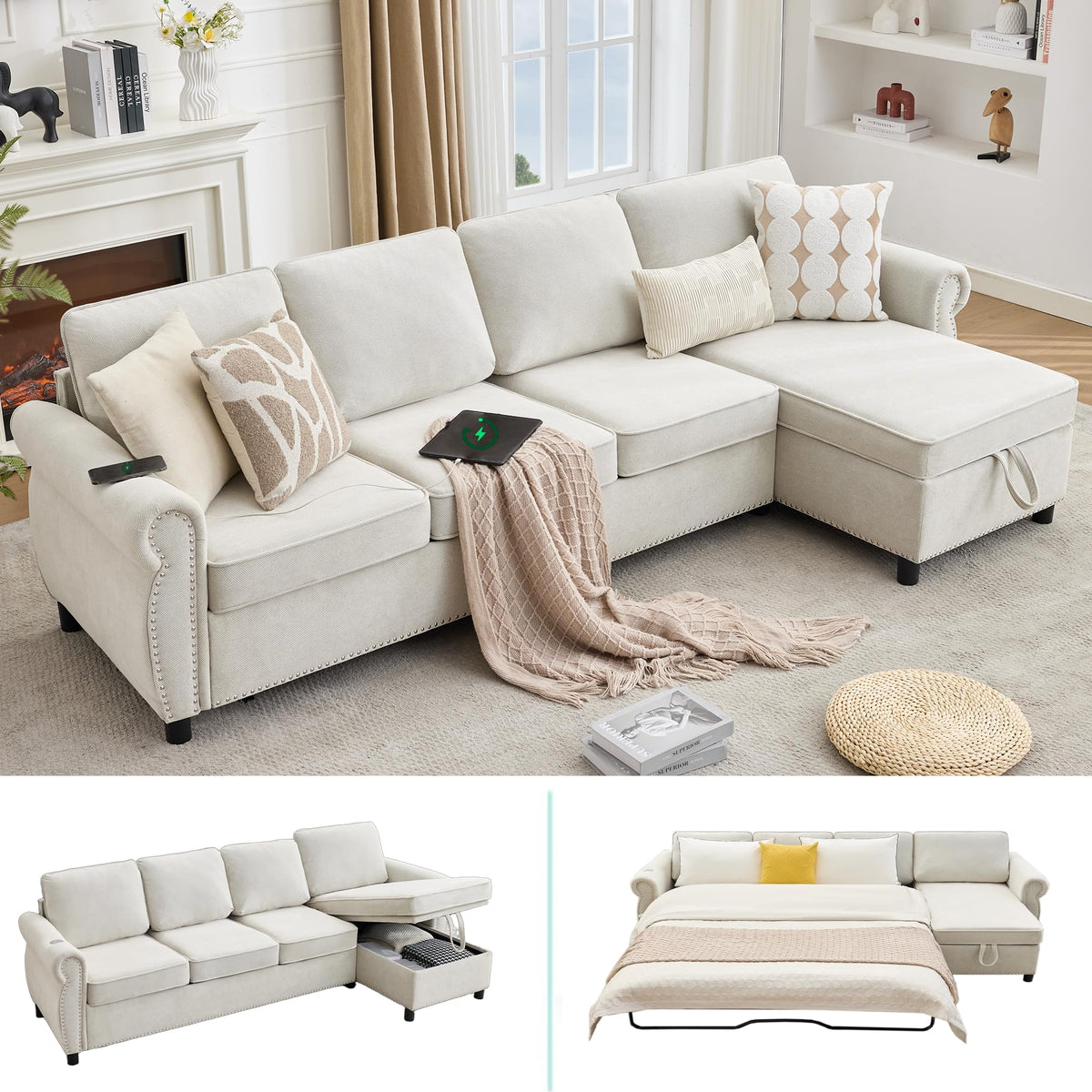 106.5" Convertible Sleeper Sofa Bed with Pull Out Couch, Dark Grey L Shaped Couch with Storage Chaise & Memory Mattress, Modular Sectional Couches with Wireless Charging & USB for Living Room