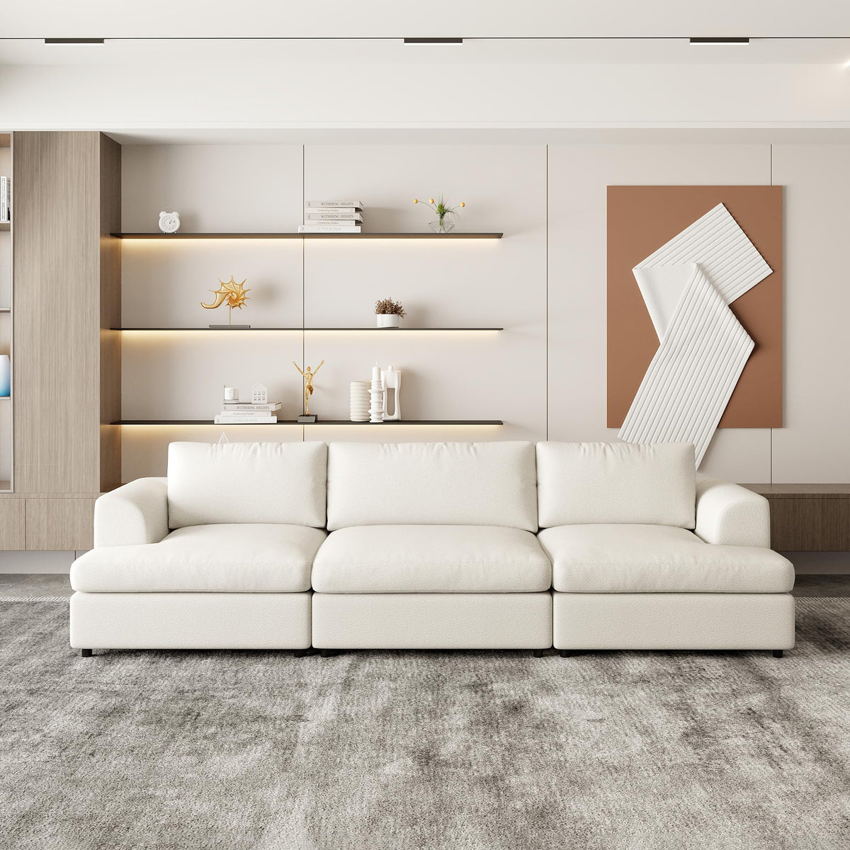 WJShome Modular Sectional Couches, V-Shaped Cloud Couch with Ottoman, High Density Sponge Cushion Sleeper Sofa Bed, Wooden Frame, Sherpa Fabric Sofa Furniture for Living Room, Apartment, White