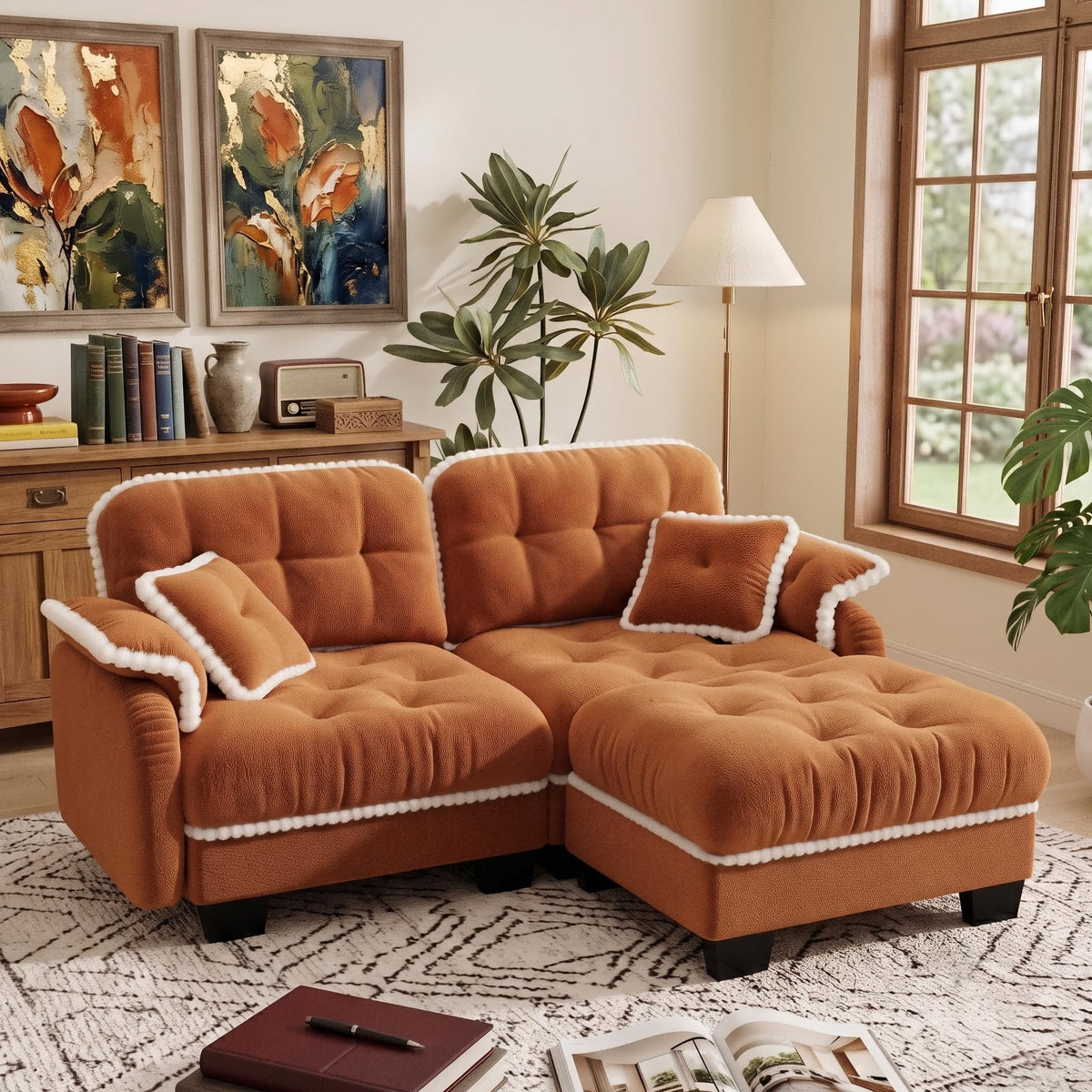 100.7" Chenille Cloud 3-Seater Sofa, Tufted Deep Seat Couch with Pom-Pom Trim & 4 Pillows, Ergonomic Easy Assembly Modular Sofa for Living Room & Apartment（Green ）