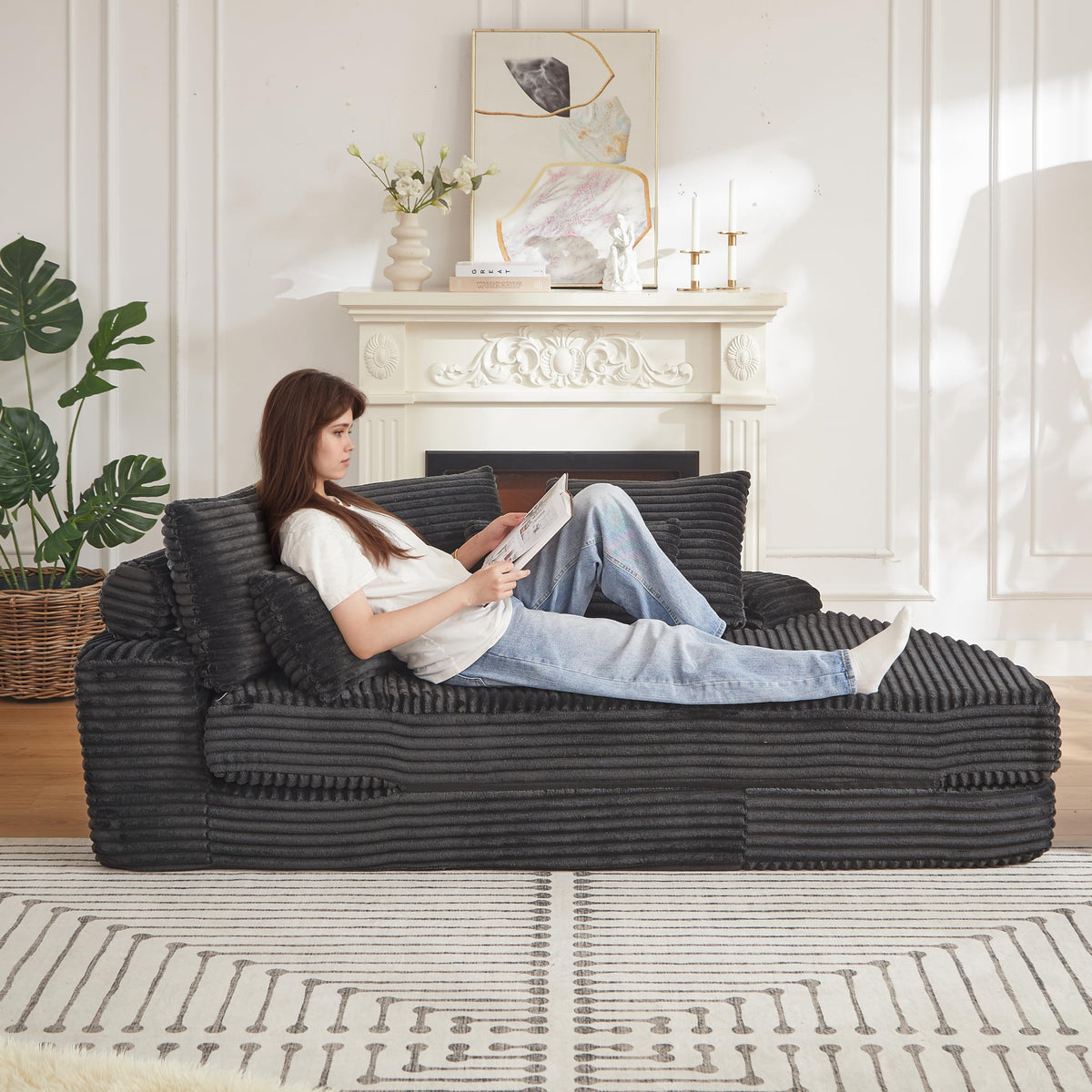 78.5 Inch Corduroy Circular 2 in 1 Sofa Bed, Designer Recliner with Neck Pillow and Five Throw Pillows in Living Room IW271