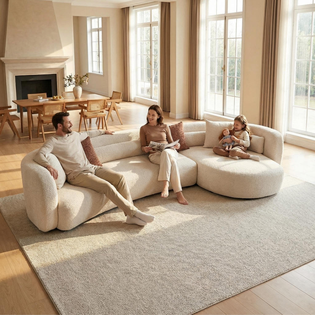 132 Inch Beige Curved Boucle L-Shaped Sectional Sofa, Right-Hand Facing