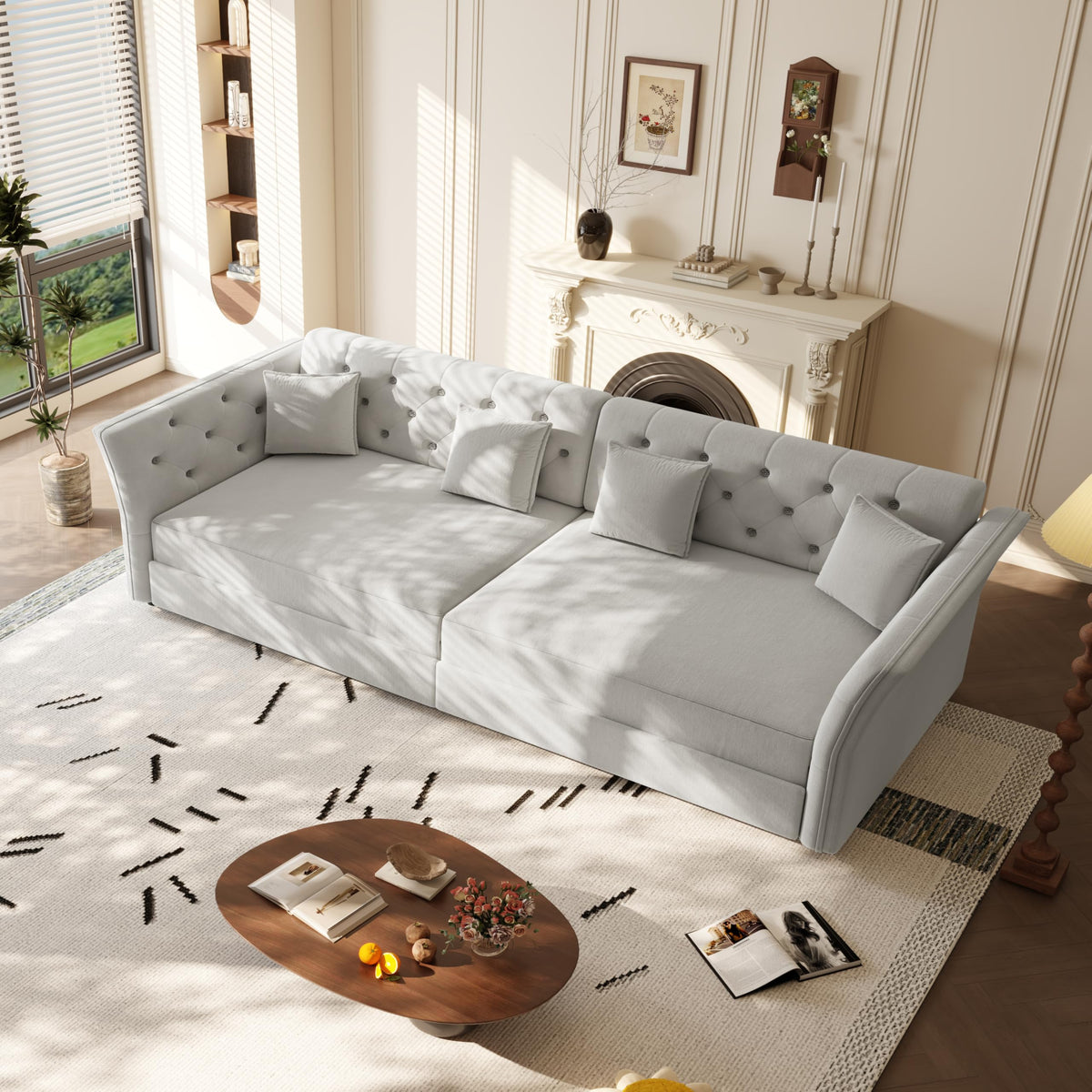 100" Oversize Pull Out Sofa Bed, Convertible Sleeper Sofa with Handmade Fabric Flower Tufted Design,Multi Functional Velvet Loveseat Bed for Living Room,Bedroom,Apartment,Light Grey