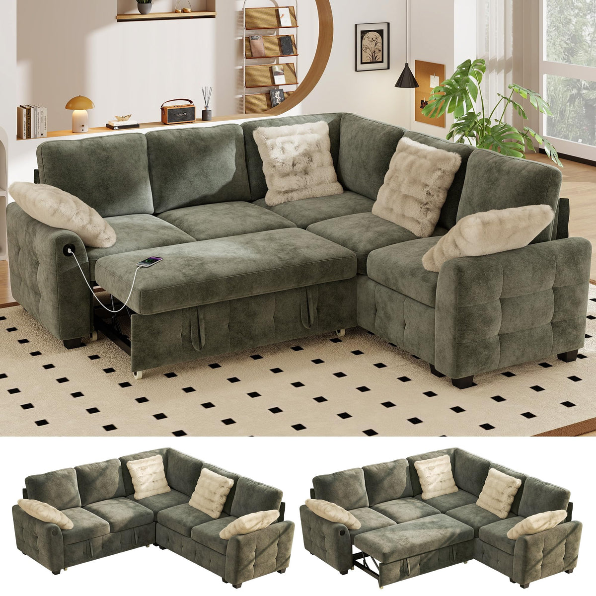 WorthFurni 104" Oversized 6 Seat L Shaped Sectional Sofa, Corduroy Convertible Couch with Pull Out Bed, Movable Storage Ottoman, USB Port, 2 Pillows & Storage Pocket for Living Room（Gray）