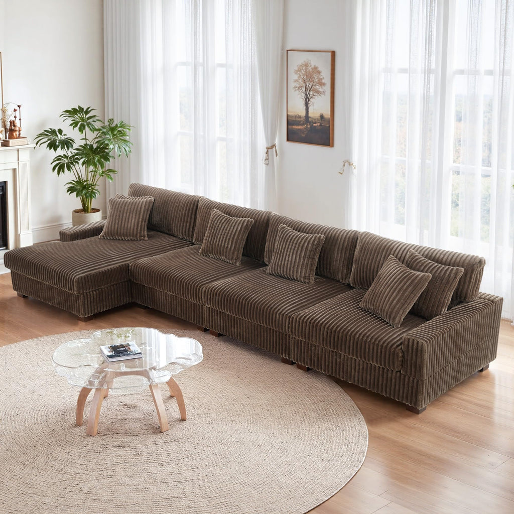 118.3" L-Shaped Modular Sectional Sofa with Chaise, Comfy Corduroy Fluffy Couch with Deep Seat, Flexible Module Combination for Living Room, Cotton Flannel Light Brown