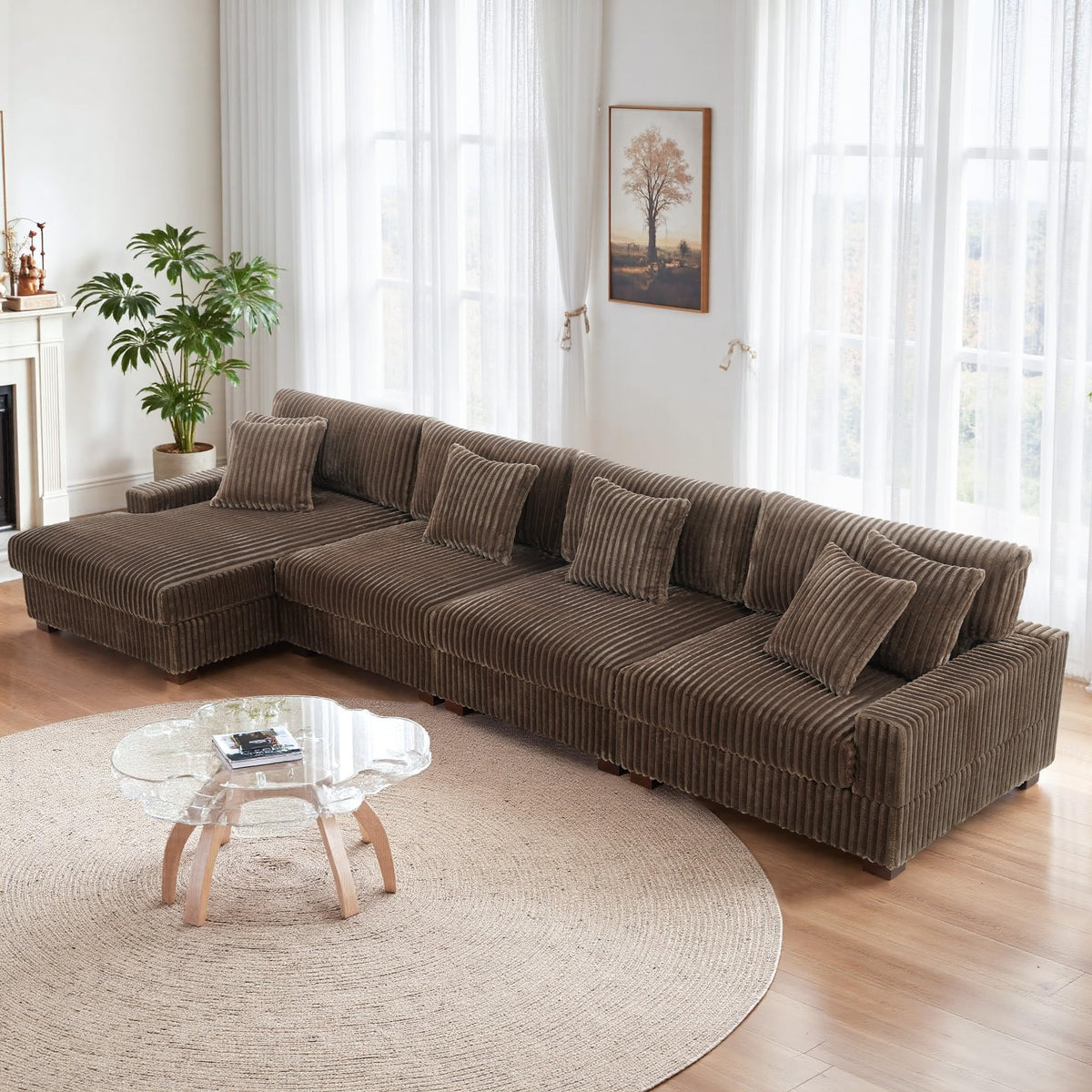 118.3" L-Shaped Modular Sectional Sofa with Chaise, Comfy Corduroy Fluffy Couch with Deep Seat, Flexible Module Combination for Living Room, Cotton Flannel Light Brown