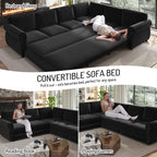 118" L-Shaped Sofa Couch with Pull-Out Bed,Oversize Convertible Sleeper Sofa with Nailhead Trim & Rolled Arm,Chenille Upholstered Sectional Couches, for Living Room, Black