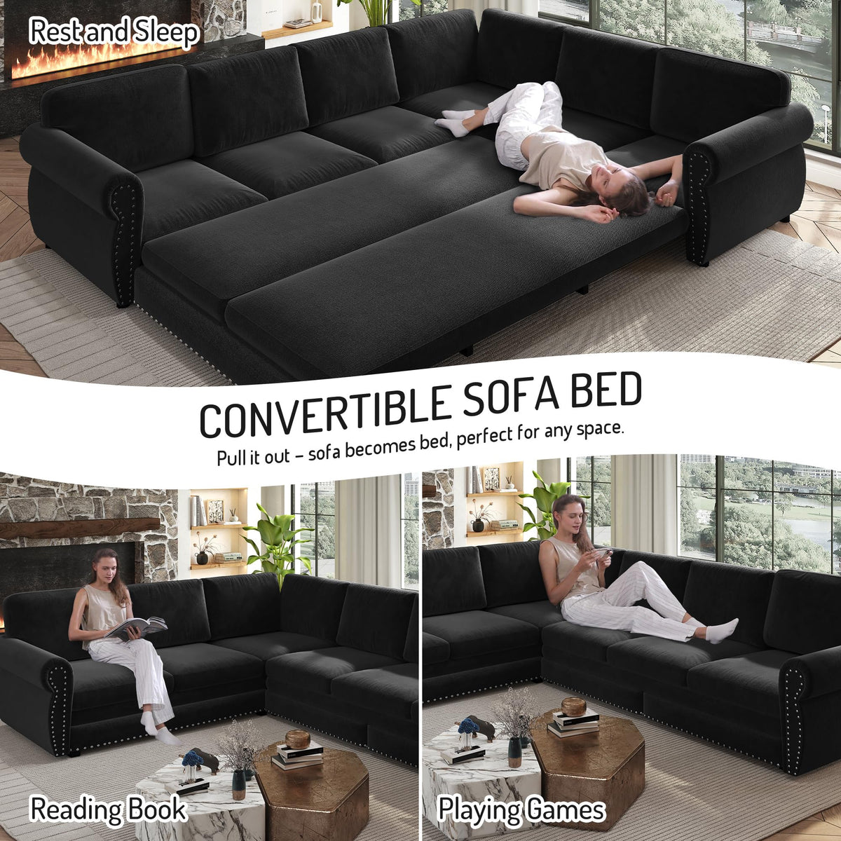 118" L-Shaped Sofa Couch with Pull-Out Bed,Oversize Convertible Sleeper Sofa with Nailhead Trim & Rolled Arm,Chenille Upholstered Sectional Couches, for Living Room, Black