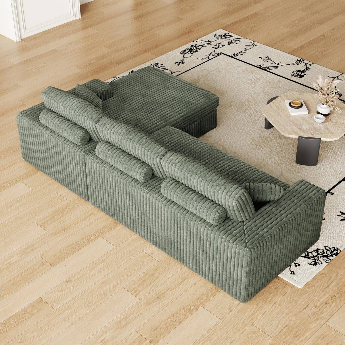 114.5'Corduroy Modular Foam Sofa, Recliner Seat Reversible Sofa, 2 in 1 Sofa with Recliner and L Shaped Sofa Combination with Three Cushion Neck Pillow Combination and Two Throw Pillows WT655